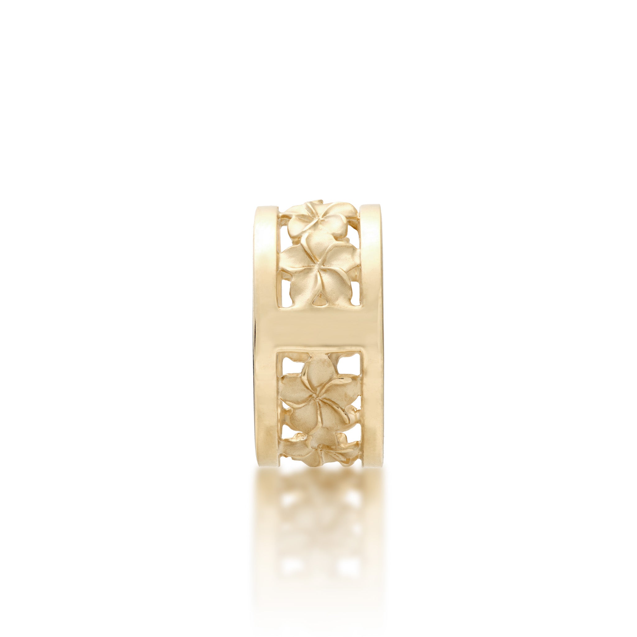 Back view of the 10mm Plumeria Ring in Gold with Diamonds on a white background