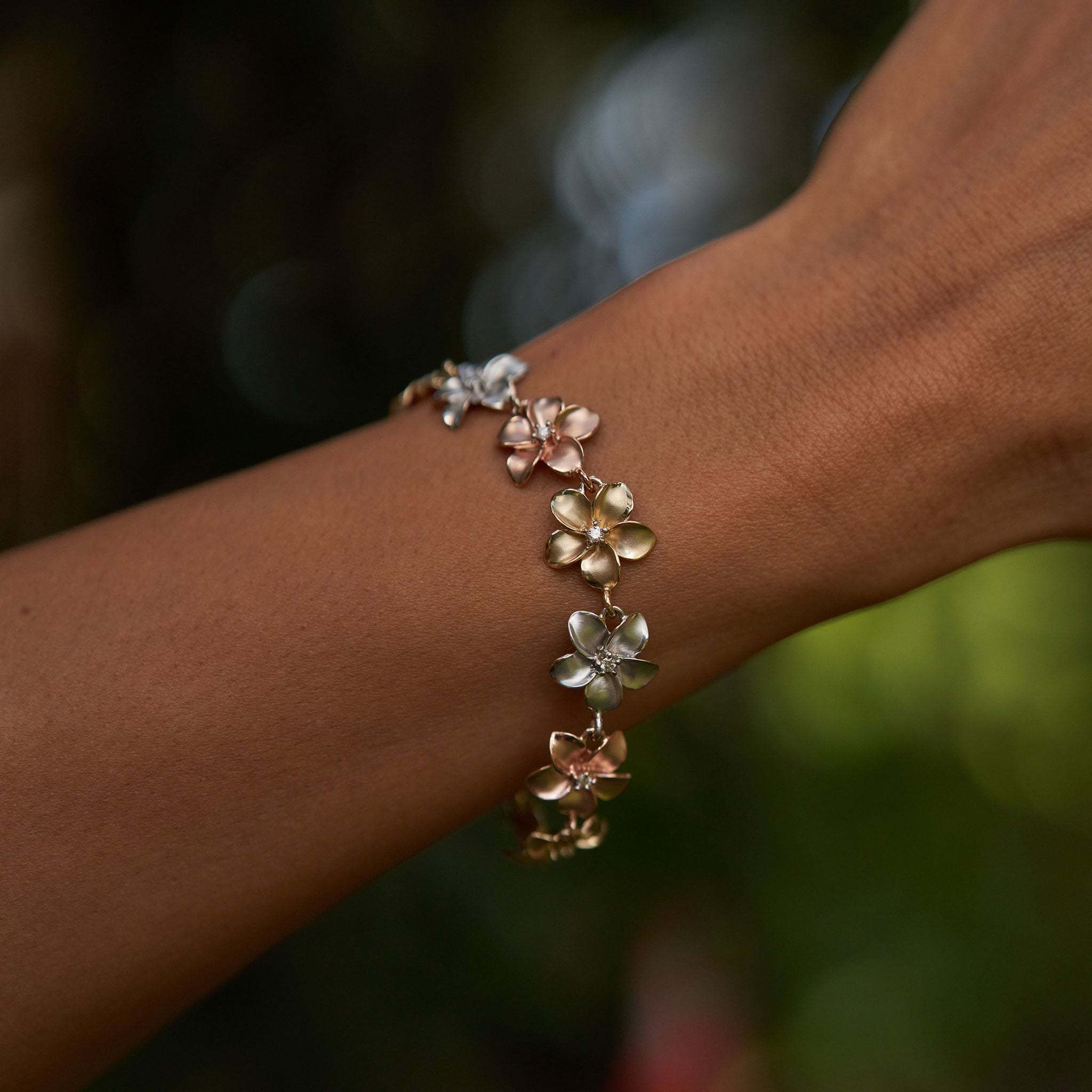 Plumeria Bracelet in Tri Color Gold with Diamonds - 13mm