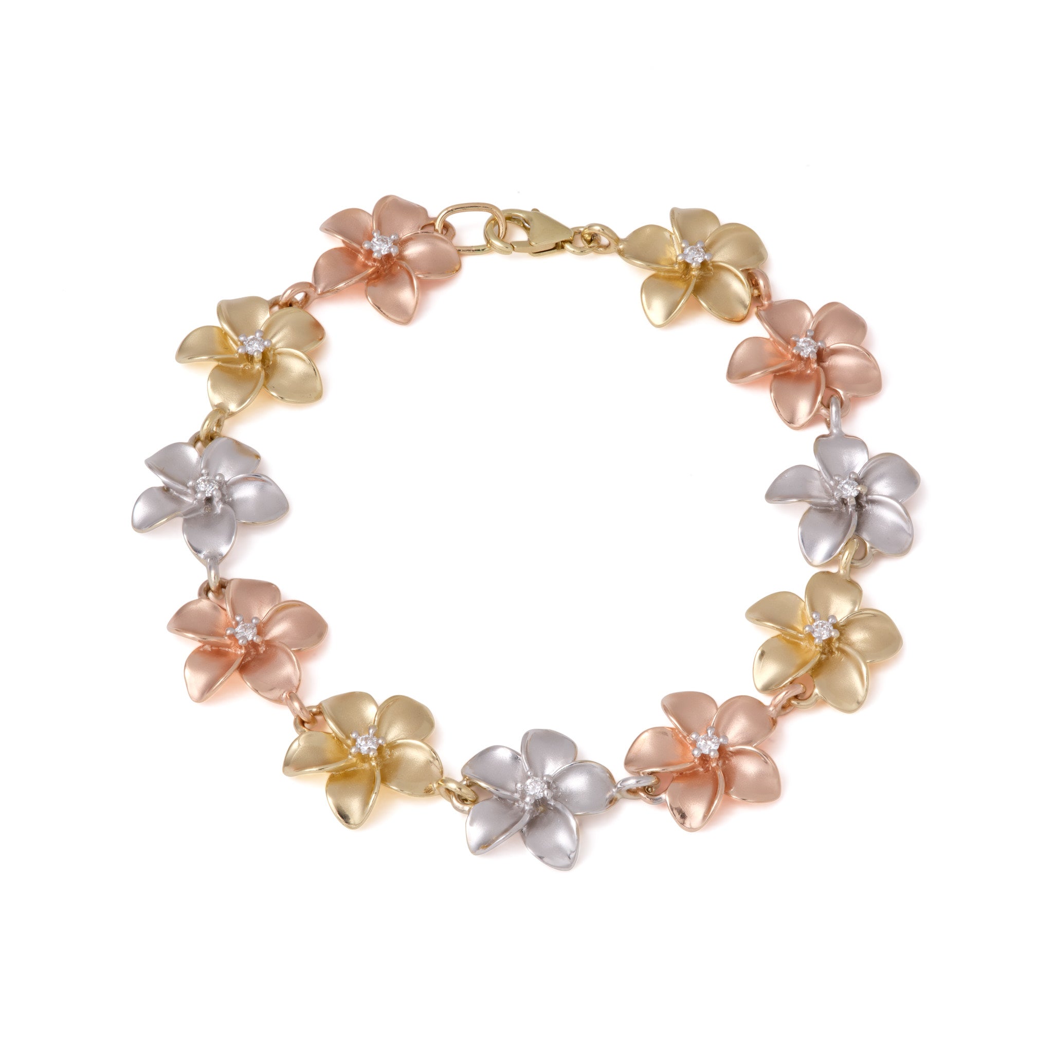 Plumeria Bracelet in Tri Color Gold with Diamonds - 13mm