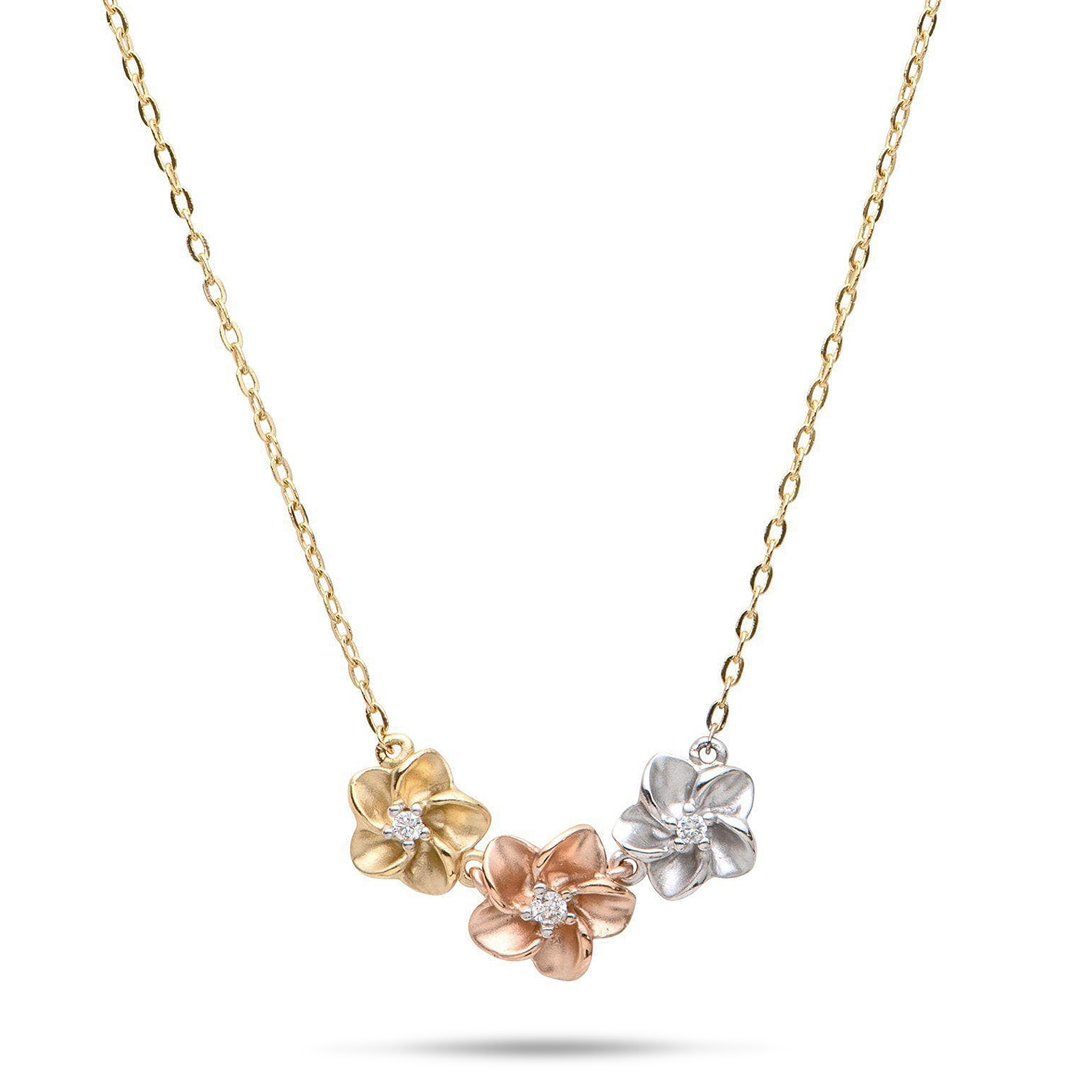 16" Plumeria Necklace in Tri Color Gold with Diamonds