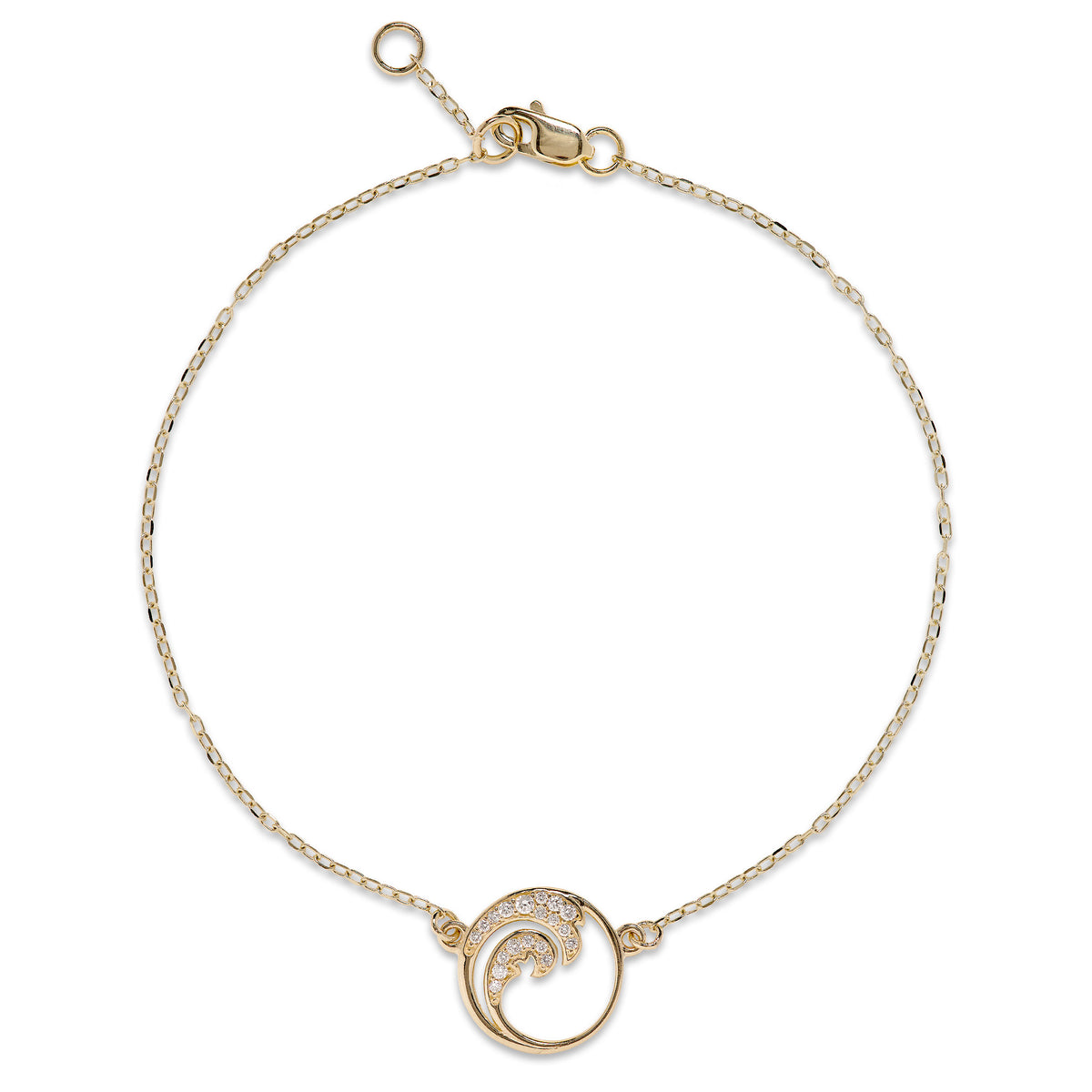 A 14k yellow gold chain bracelet with a 12mm diamond accented ocean wave circle charm, adjustable chain, and lobster claw clasp, shown on a white background