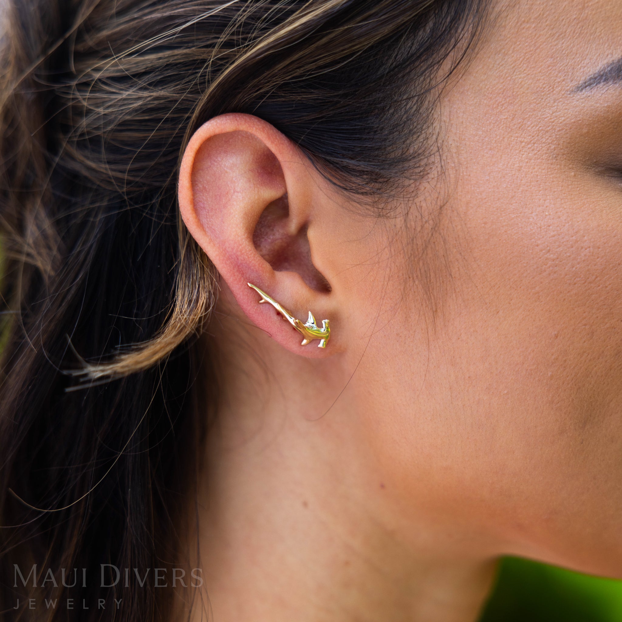 Hammerhead Shark Climber Earrings in Gold - 26mm