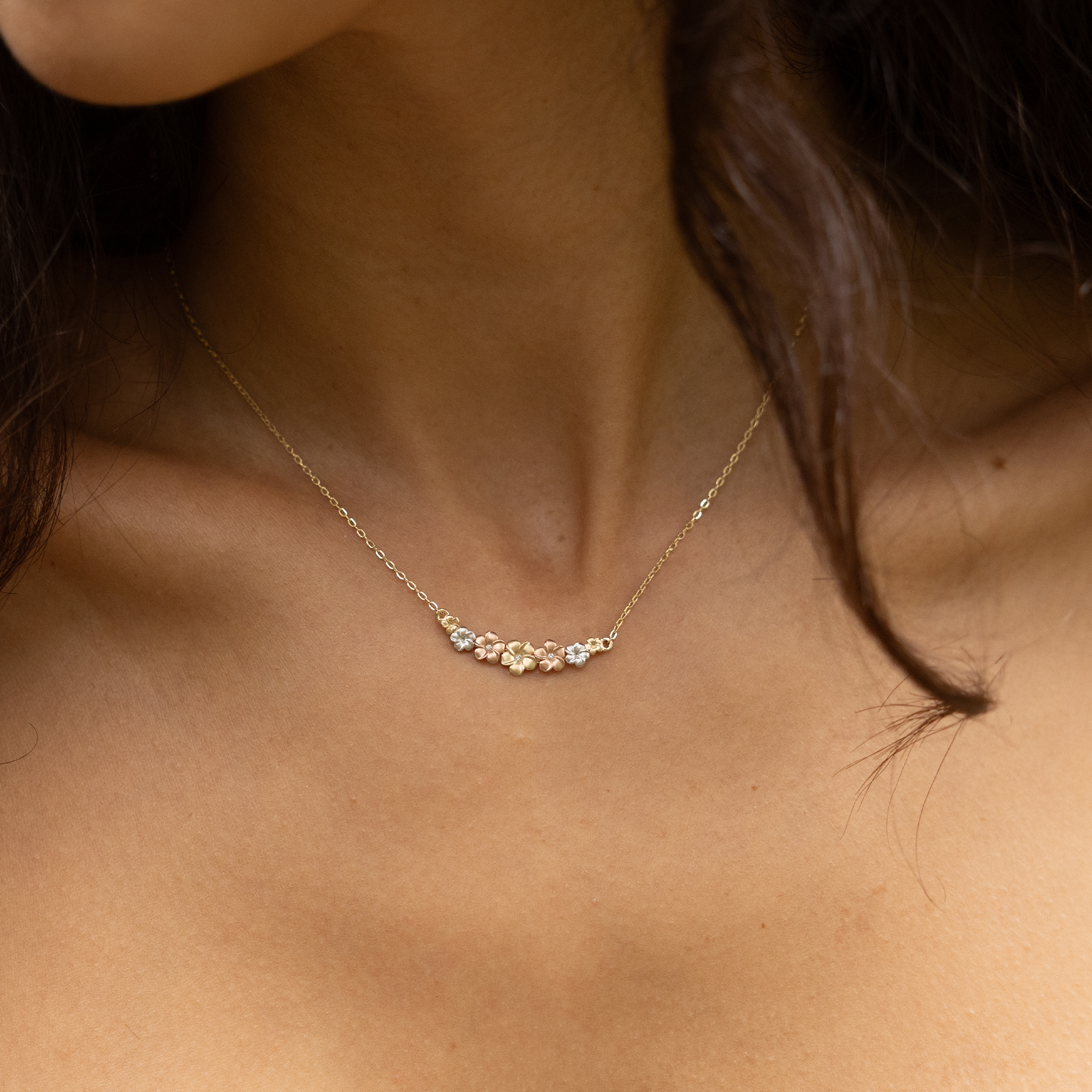16-18" Adjustable Plumeria Necklace in Tri Color Gold With Diamonds - 25mm