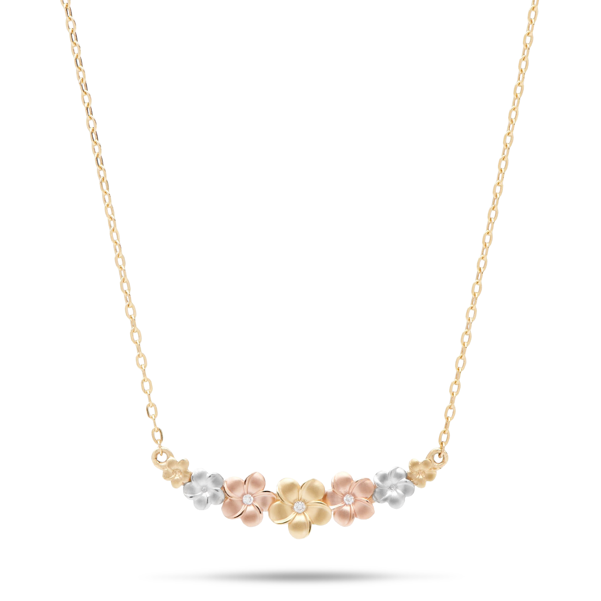 16-18" Adjustable Plumeria Necklace in Tri Color Gold With Diamonds - 25mm