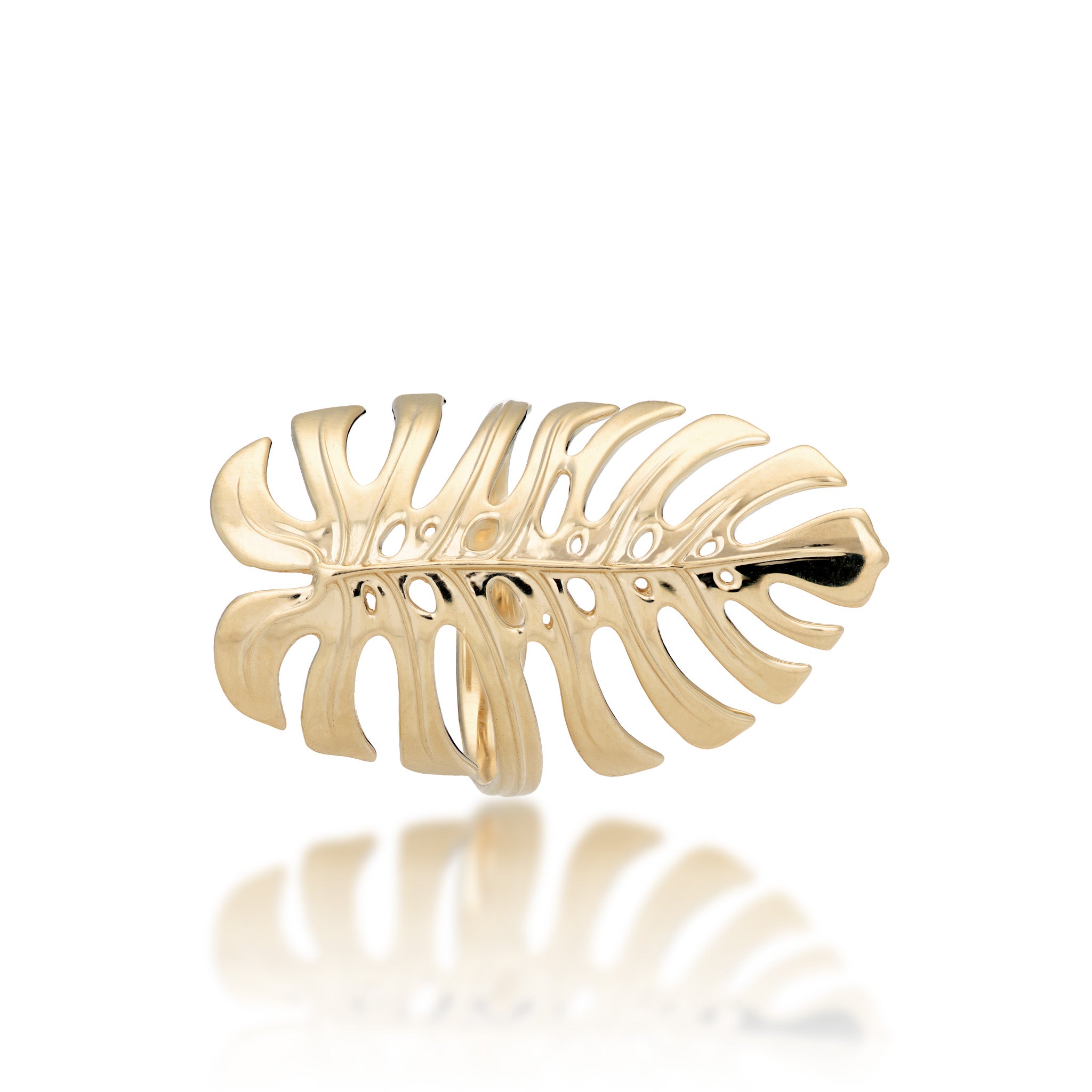 Top view of the Monstera Leaf Ring in 14k Yellow Gold