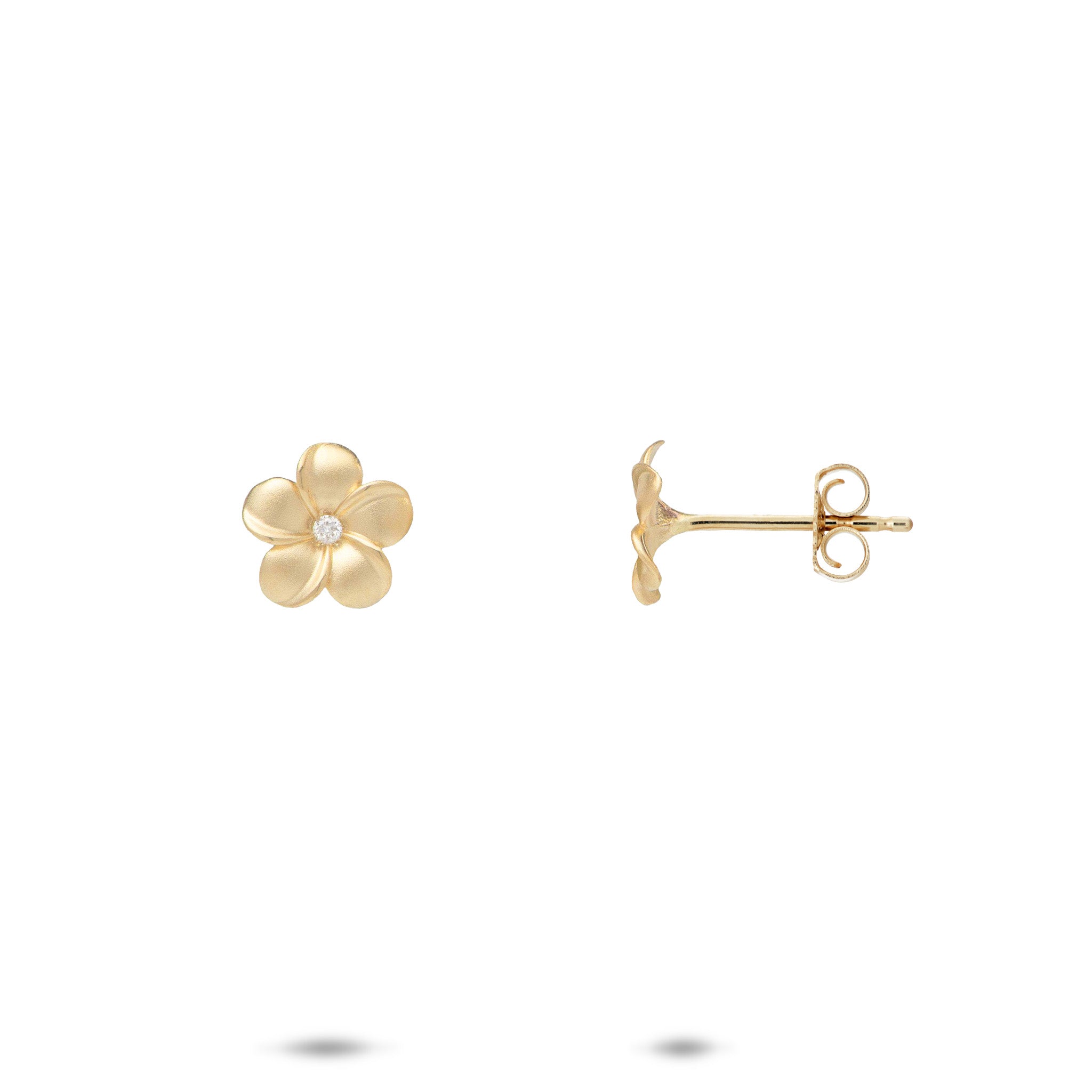 8mm Plumeria Stud Earrings in 14k Yellow Gold with Diamonds on a white background