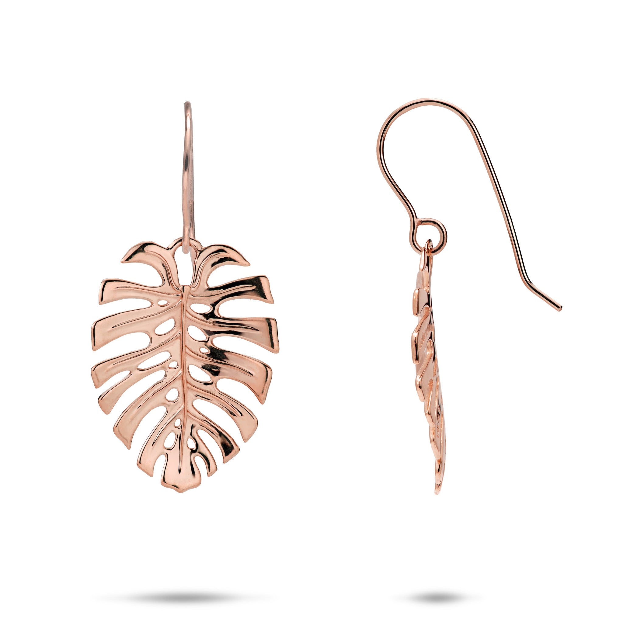 23mm Monstera Hook Earrings in 14k Rose Gold on a white background