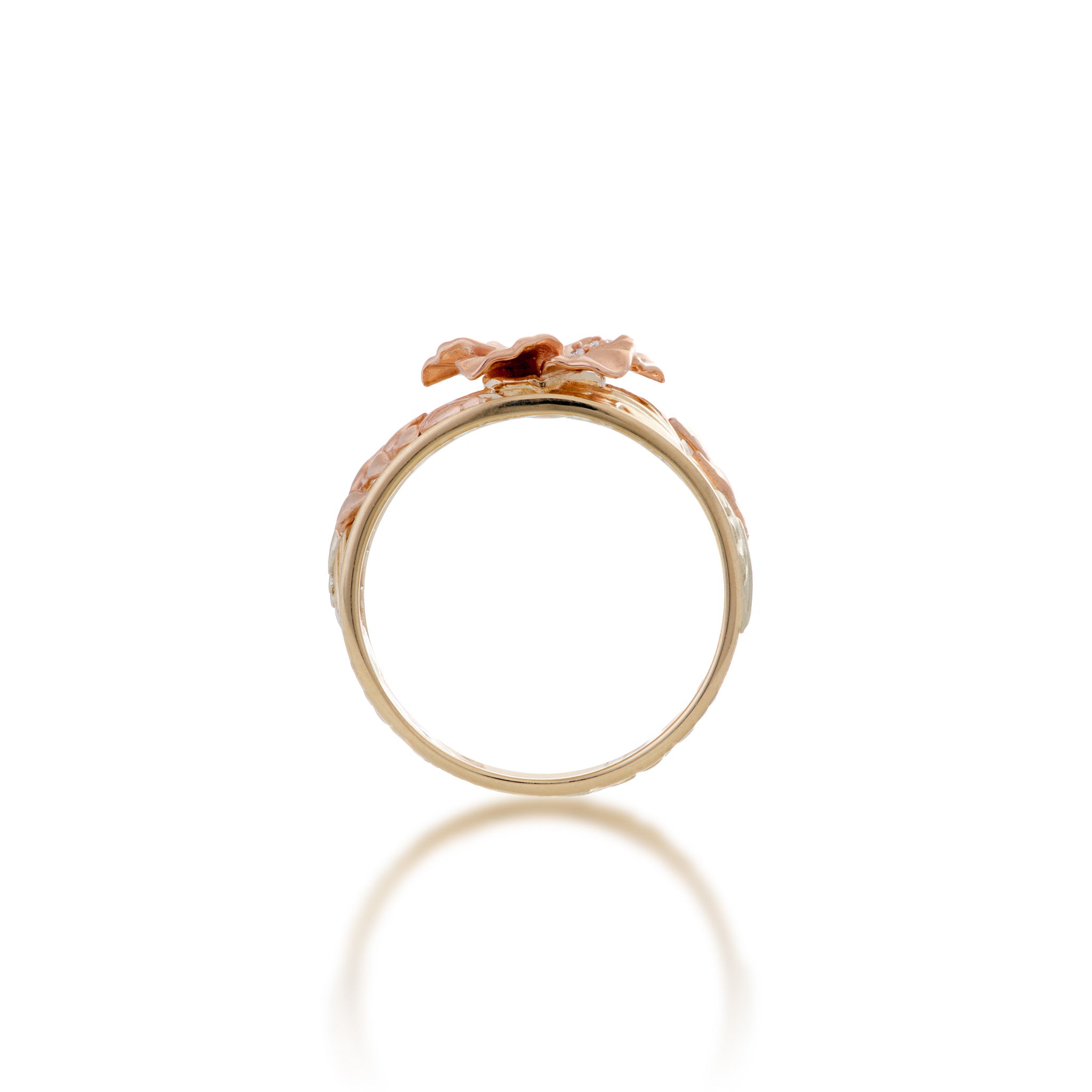 Side view of the 12mm Hawaiian Gardens Hibiscus Ring in 14k Rose, Green, and Yellow Gold with Diamonds