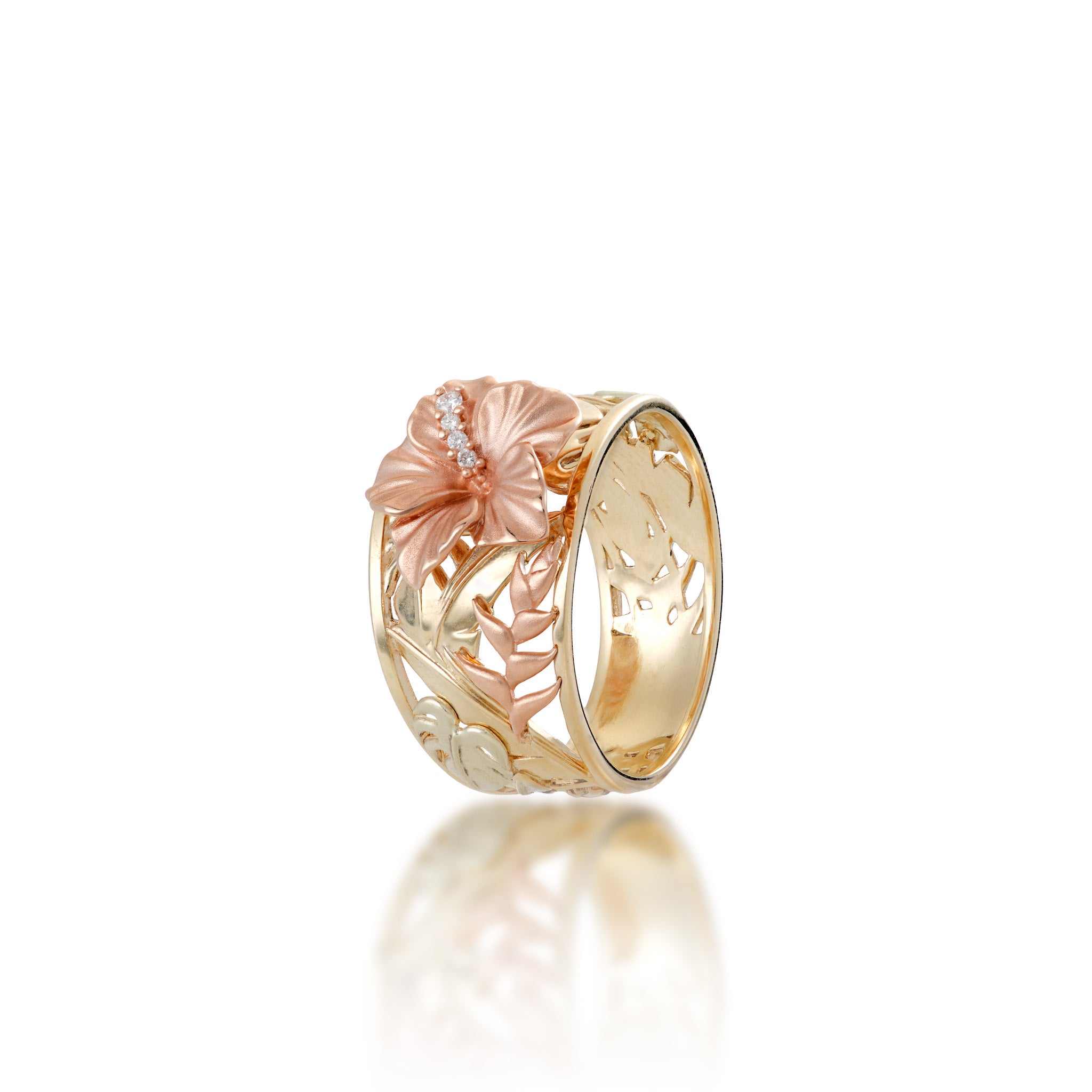 12mm Hawaiian Gardens Hibiscus Ring in 14k Rose, Green, and Yellow Gold with Diamonds