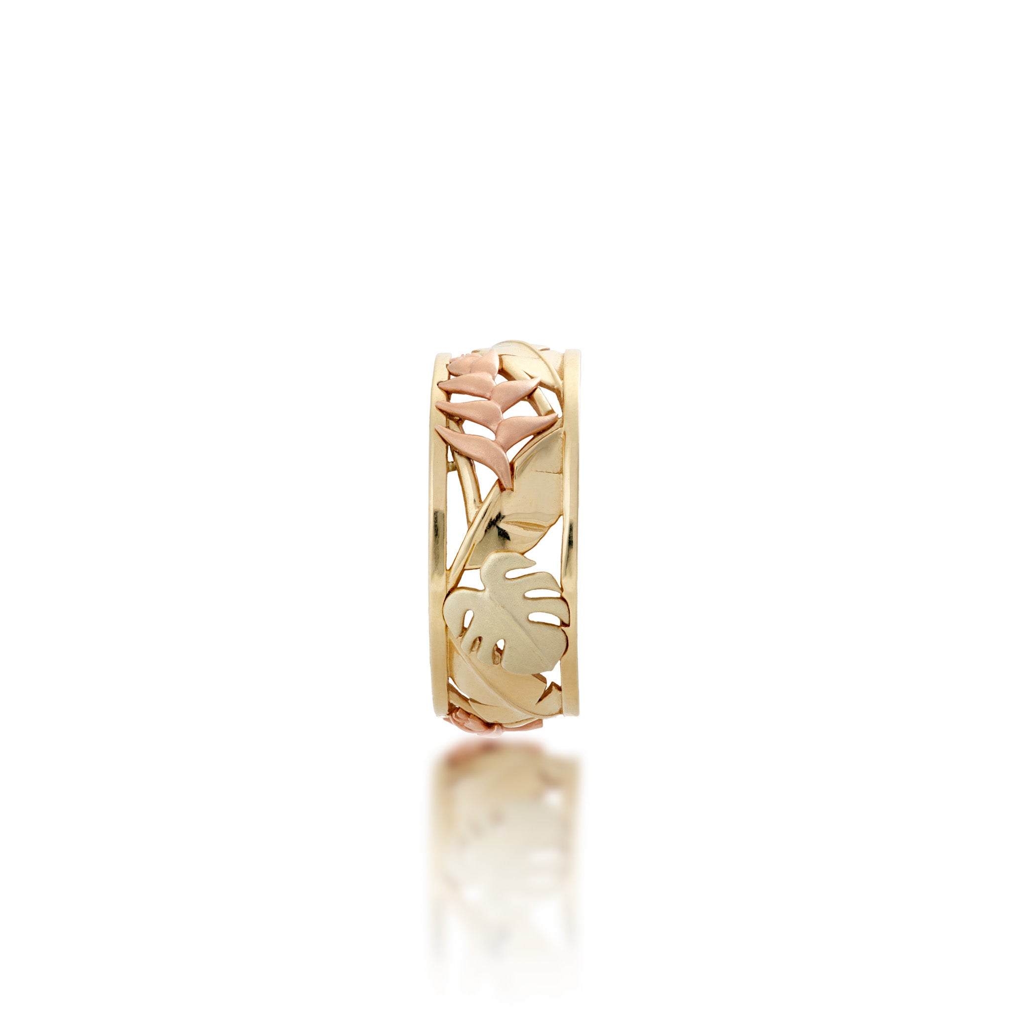 8mm Monstera & Heliconia Ring in 14k Yellow, Rose and Green Gold