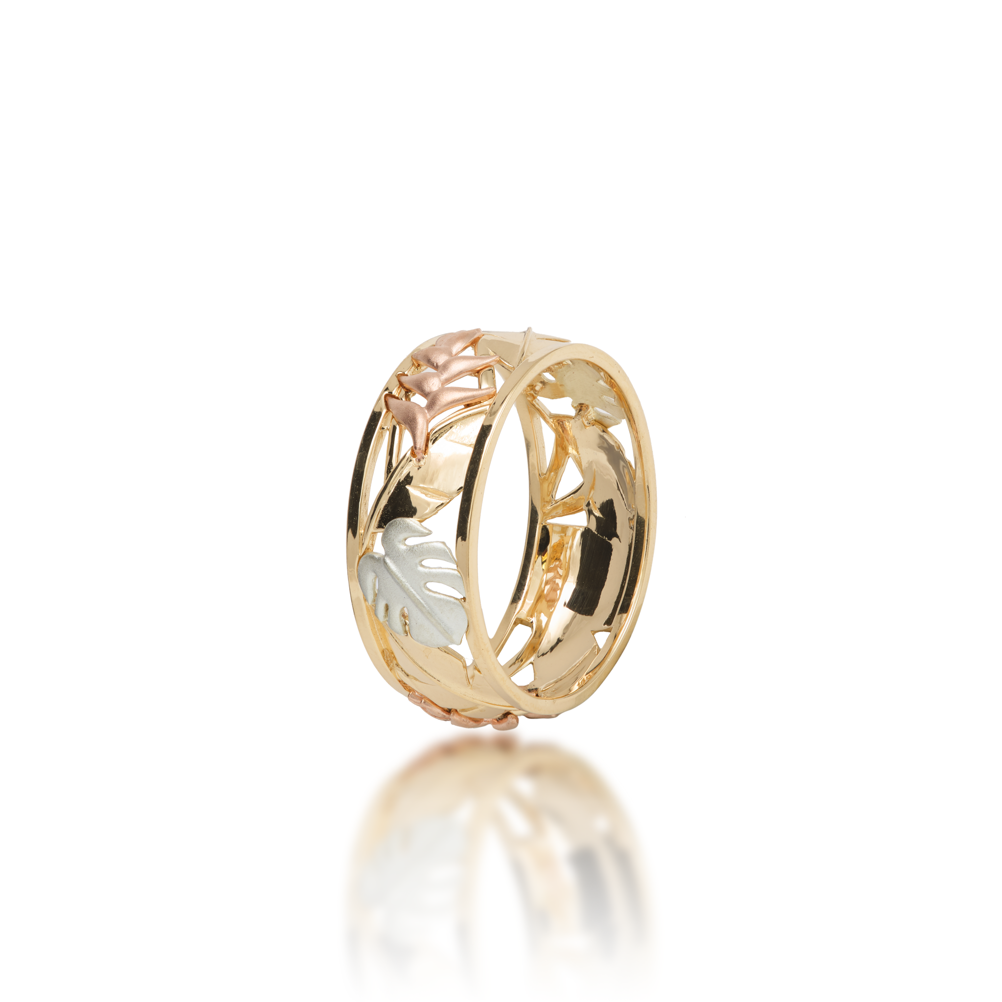 Hawaiian Gardens Monstera & Heliconia Ring in Tri Color Gold - 8mm