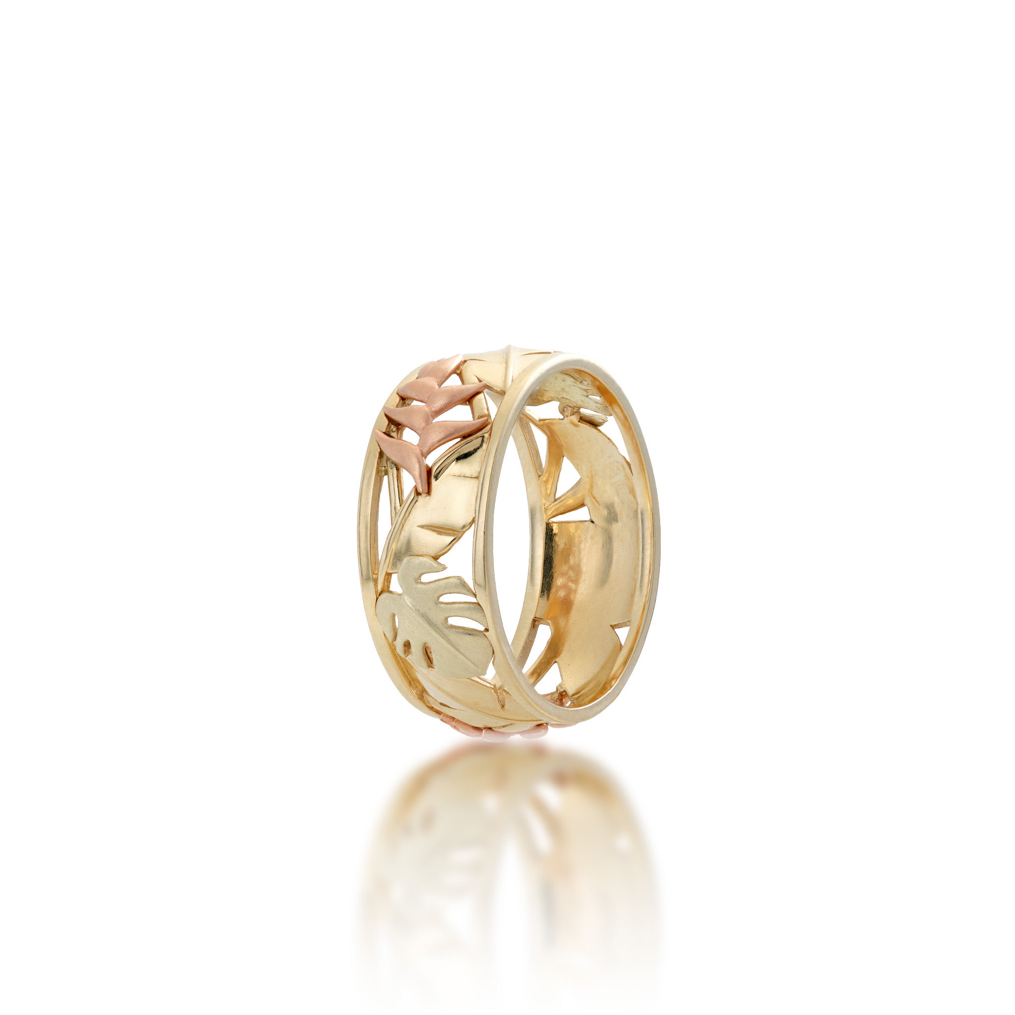 8mm Monstera & Heliconia Ring in 14k Yellow, Rose and Green Gold