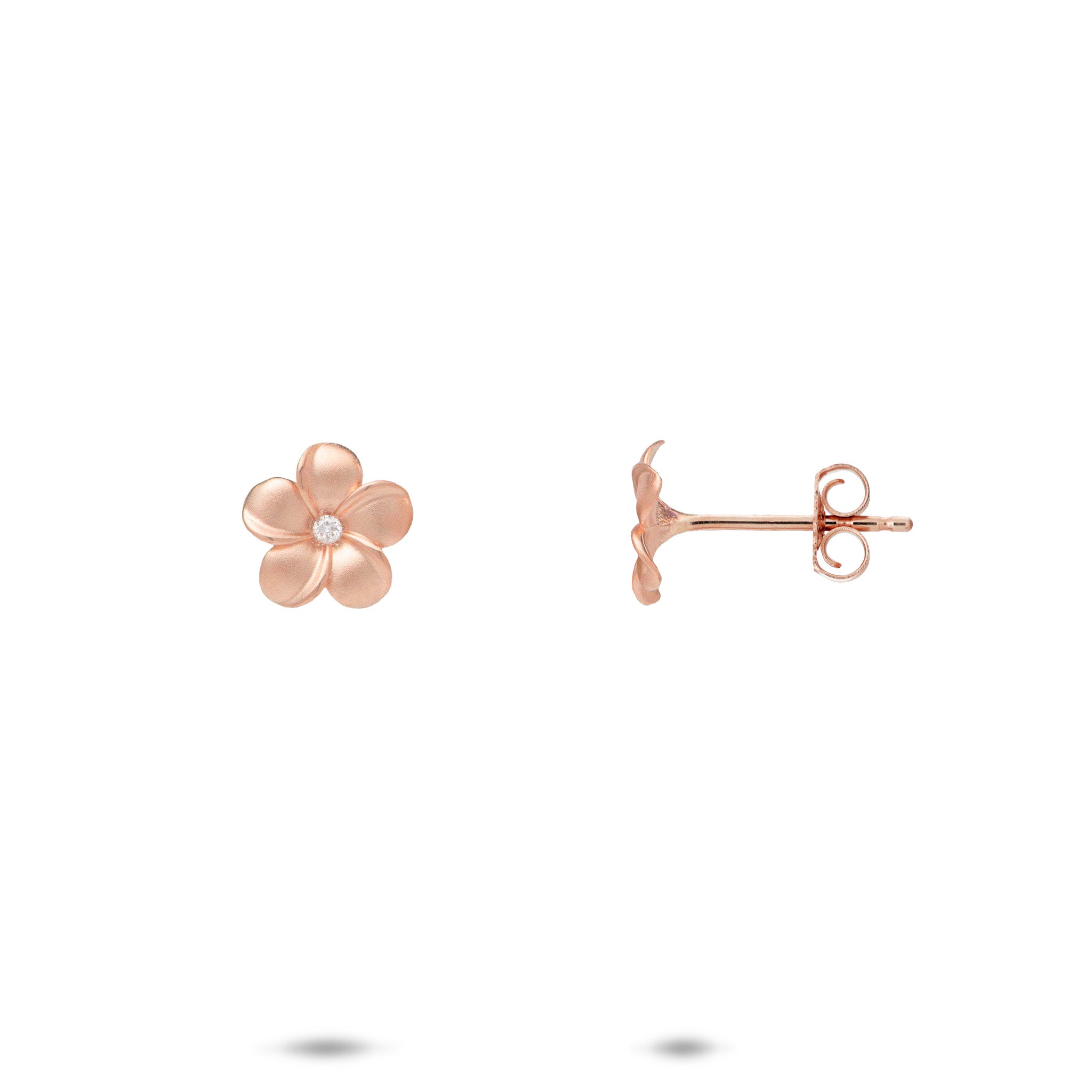 8mm Plumeria Stud Earrings in 14k Rose Gold with Diamonds on a white background