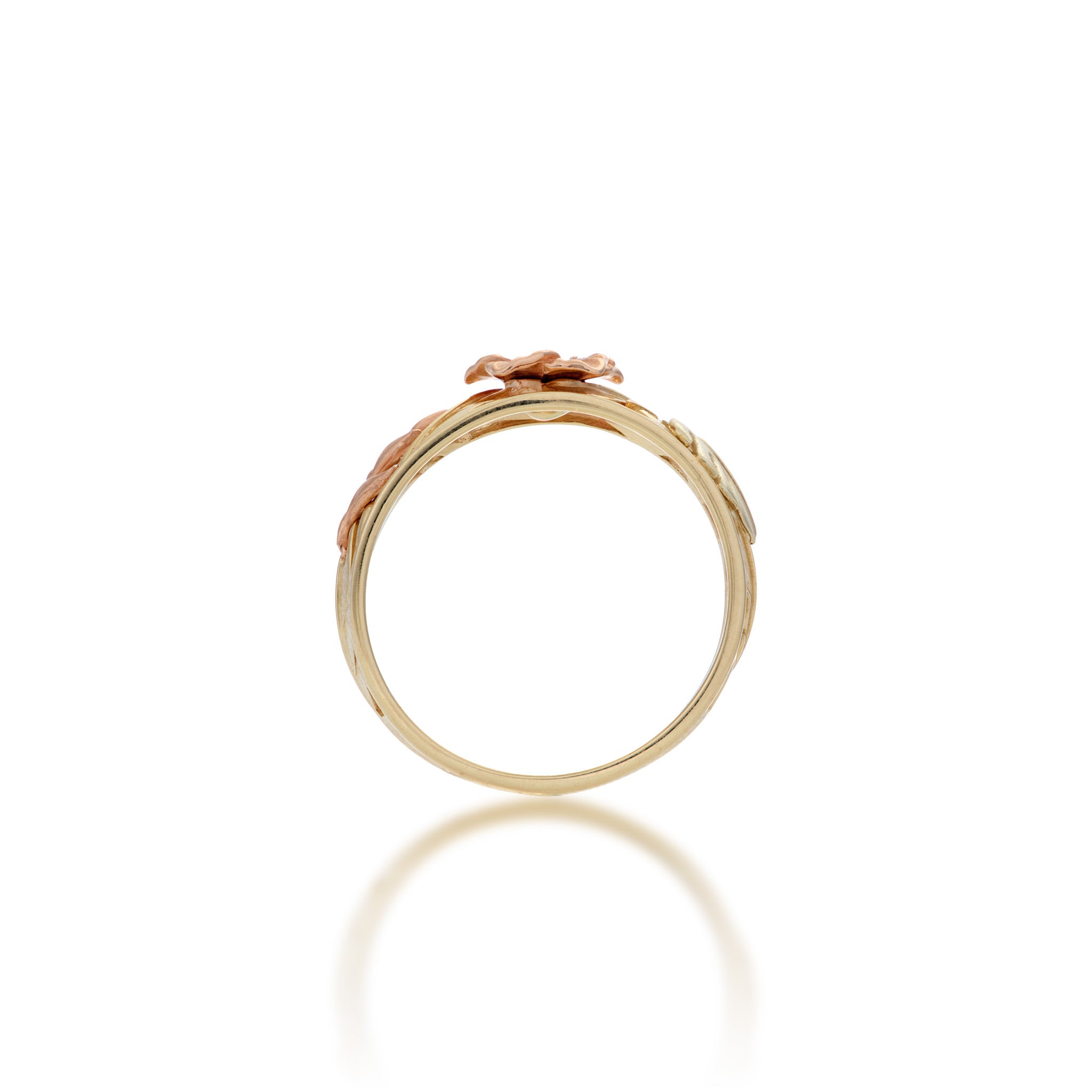 Side view of the 8mm Hawaiian Gardens Hibiscus Ring in 14k Yellow, Rose, and Green Gold with Diamonds