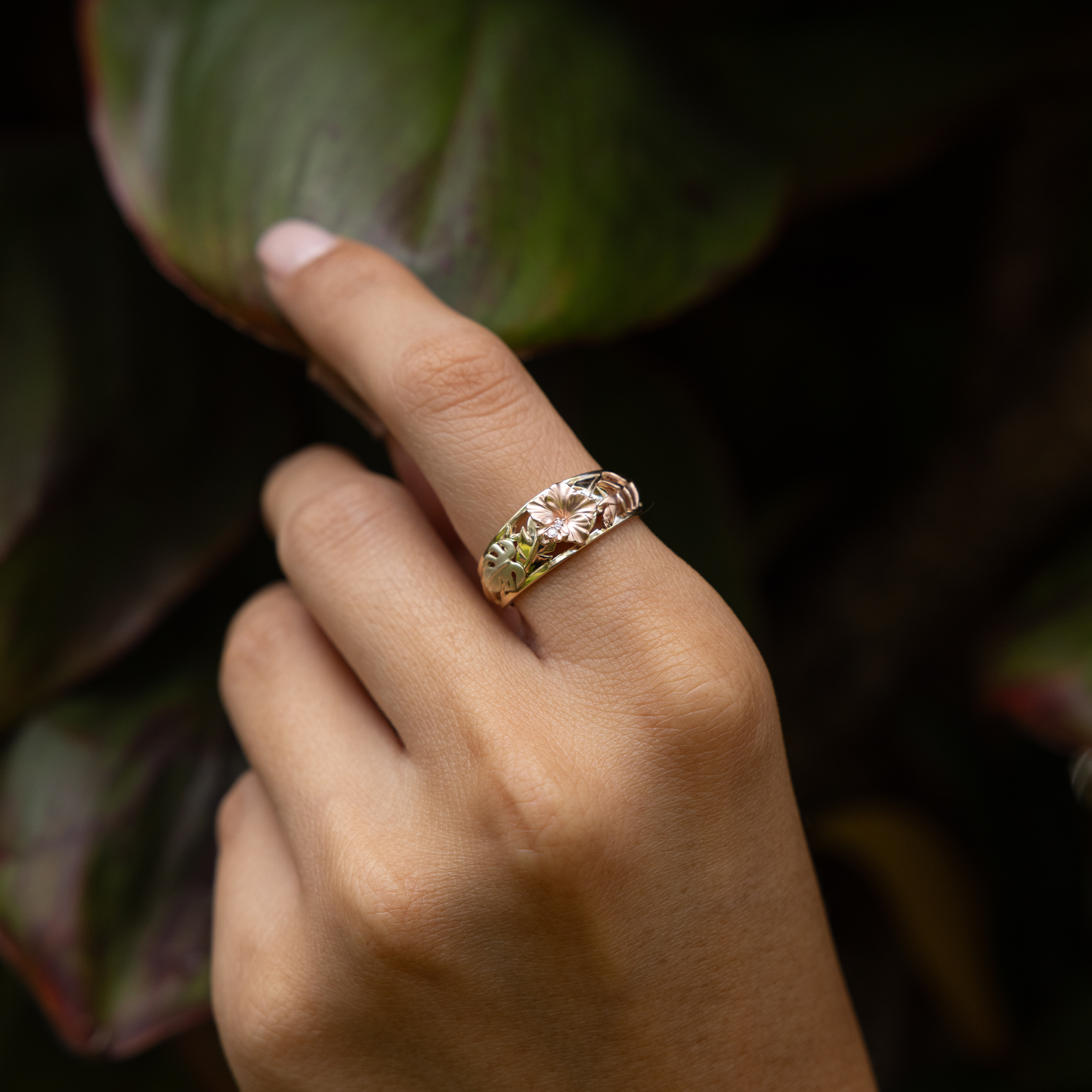 Hawaiian Gardens Hibiscus Ring in Tri Color Gold with Diamonds - 8mm