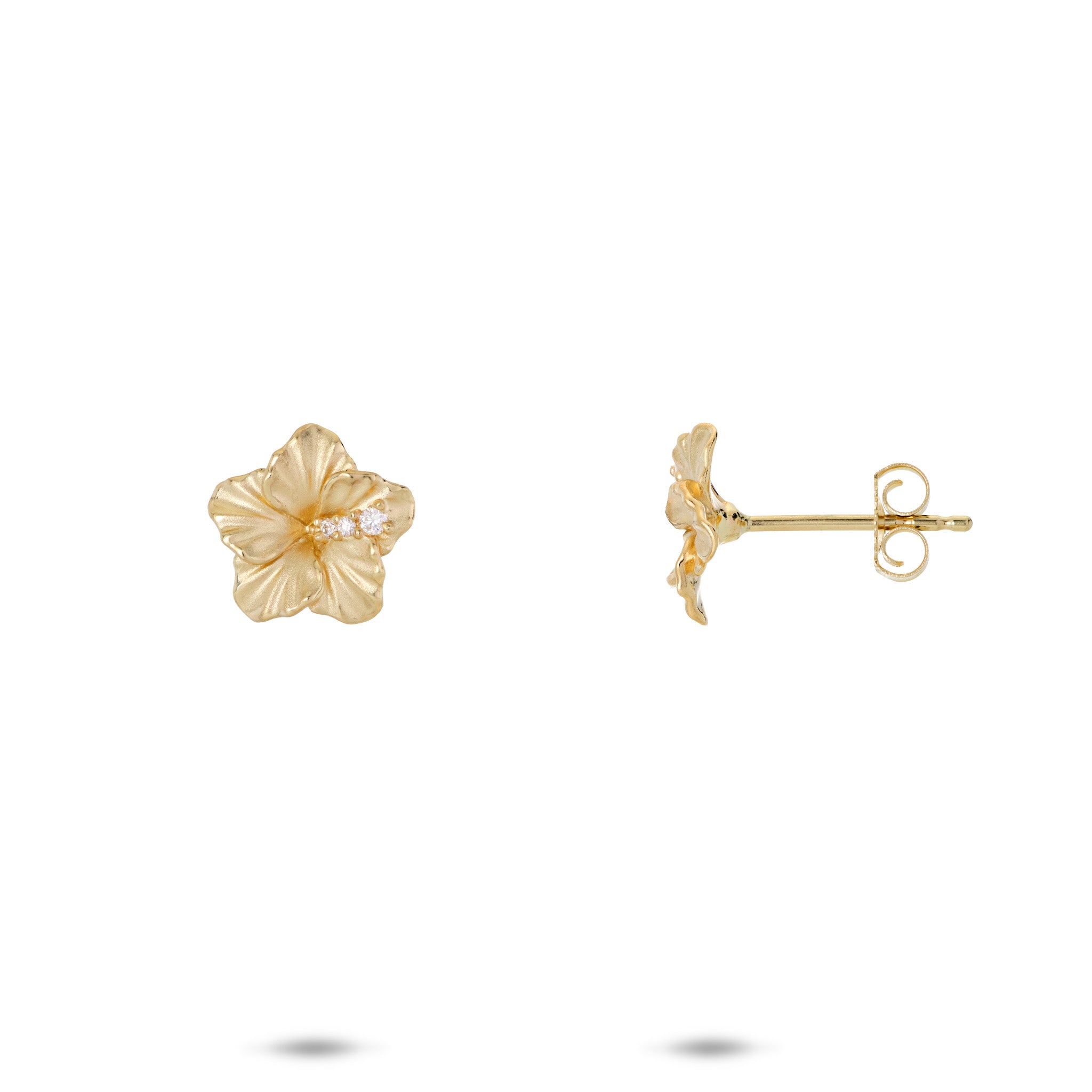 Hawaiian Gardens Hibiscus Stud Earrings in Gold with Diamonds - 9.5mm