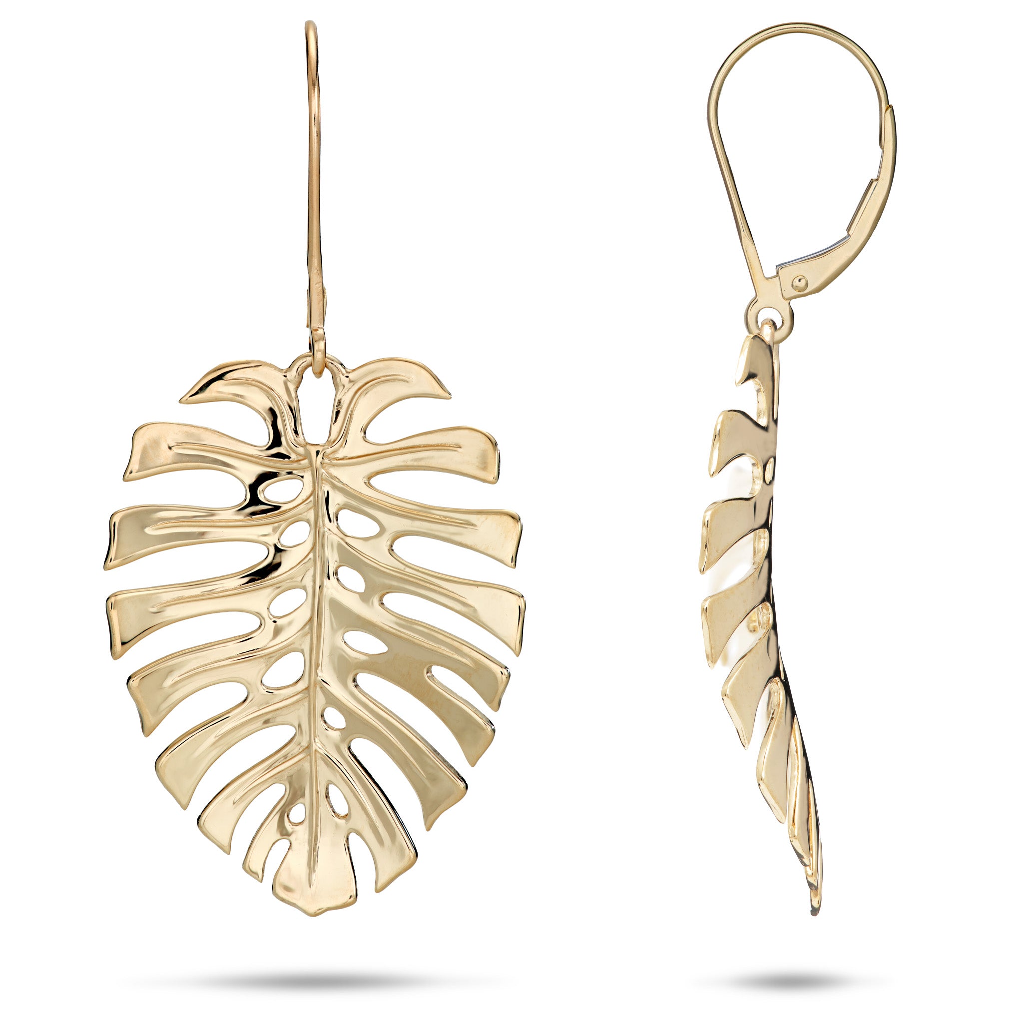 30mm Monstera Earrings in 14k Yellow Gold on a White Background