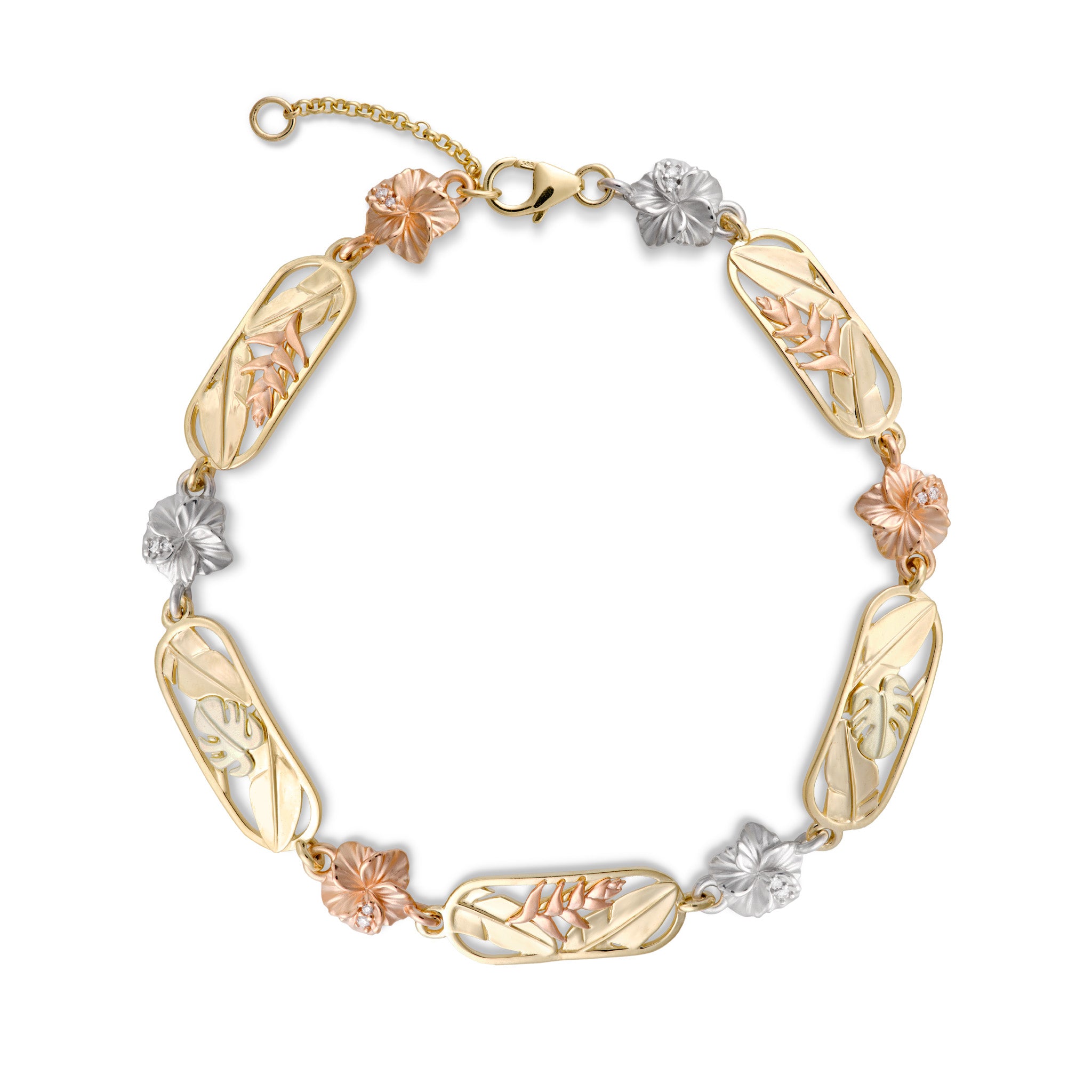 Hawaiian Gardens Collection Bracelet with Diamond Rose and White Gold Hibiscus, Heliconia in Rose Gold, Monstera in Green Gold, and Banana Leaves in High-polish Yellow Gold