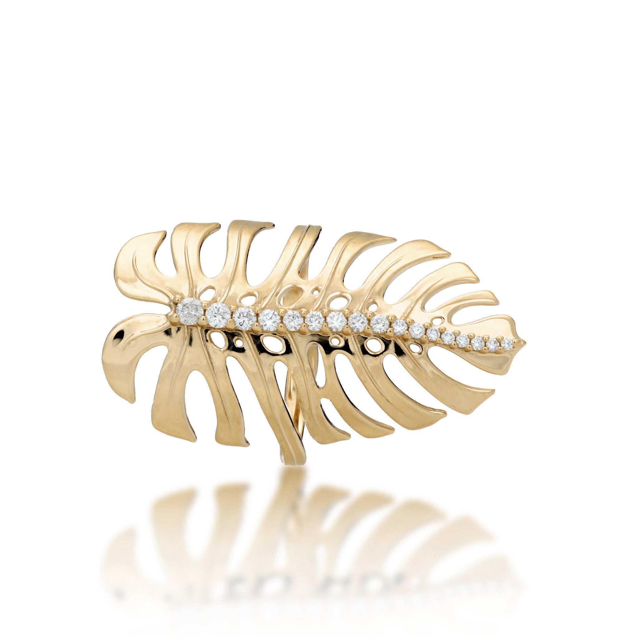 top view of the 32mm Monstera Ring in Gold with Diamonds on a white background