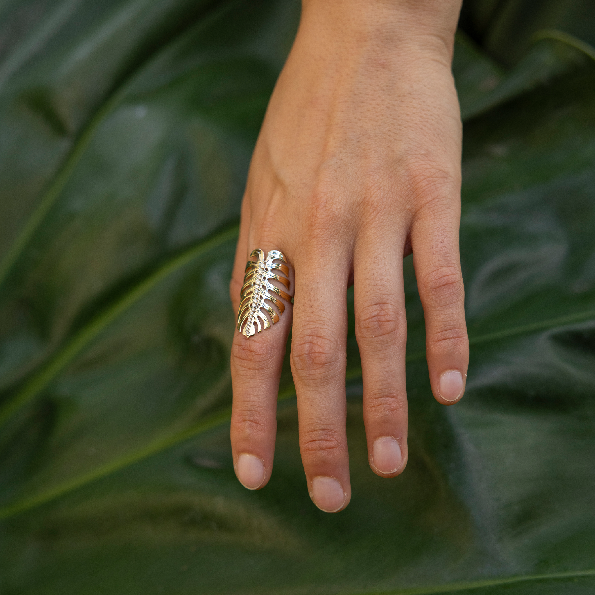 32mm Monstera Ring in Gold with Diamonds on hand over lare green leaf