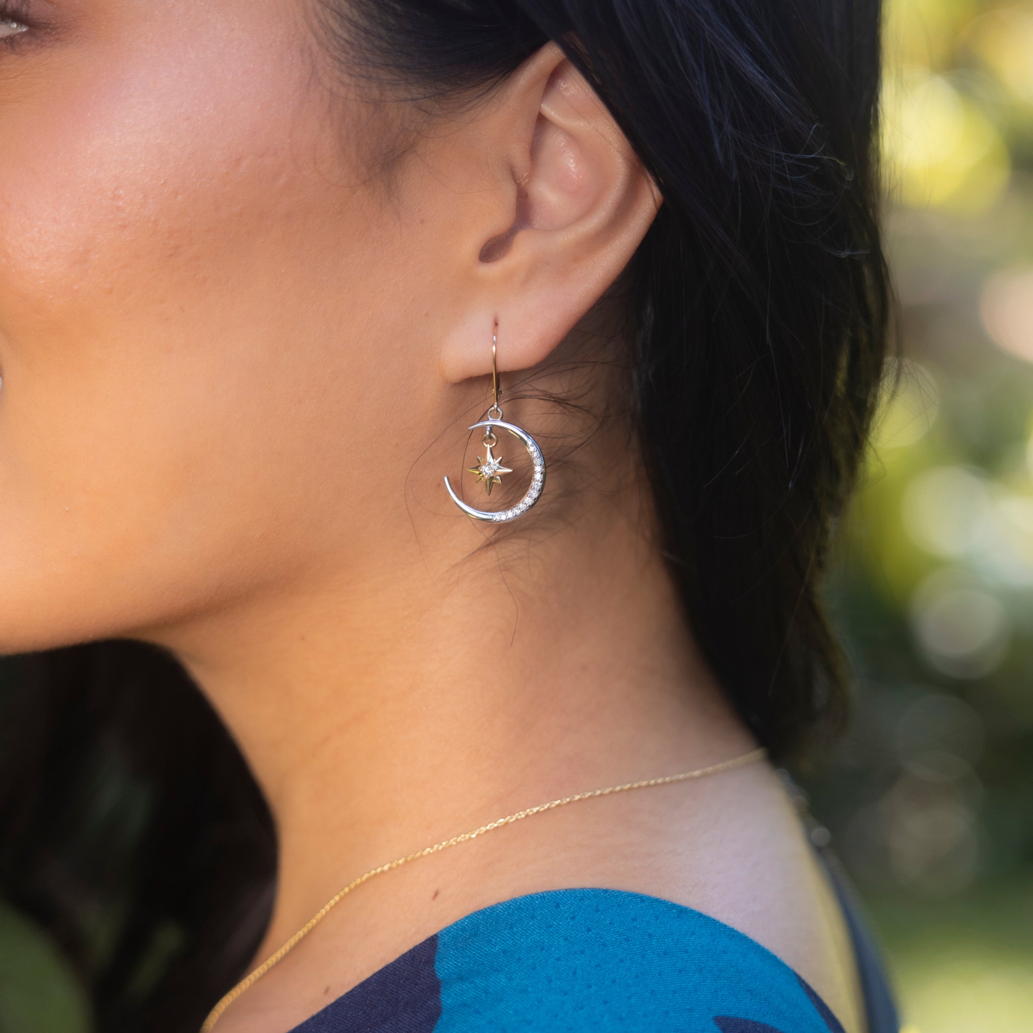 Moon & Star Mermaid Earrings in Two Tone Gold with Diamonds