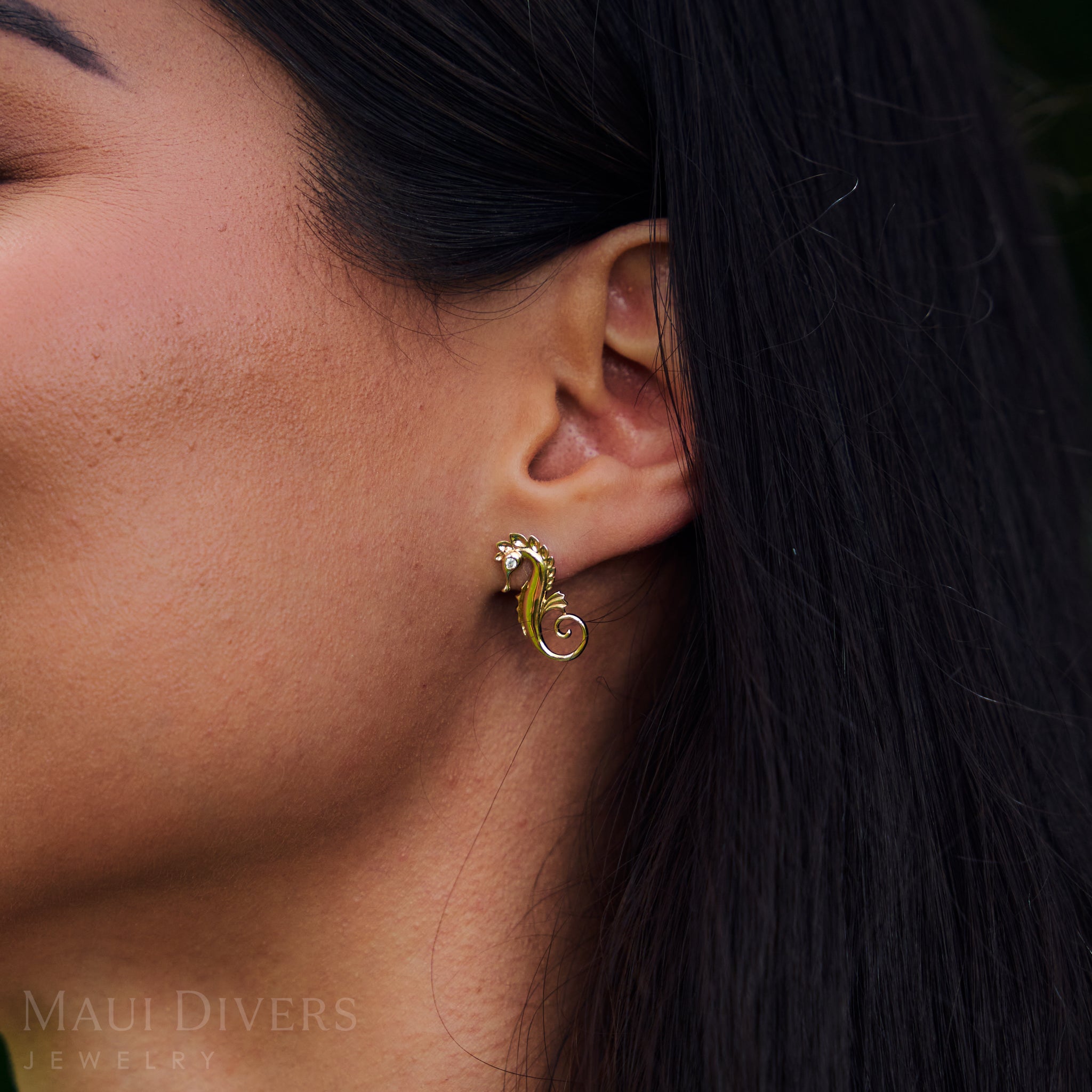 Ocean Dance Seahorse Earrings in Gold with Diamonds - 20mm