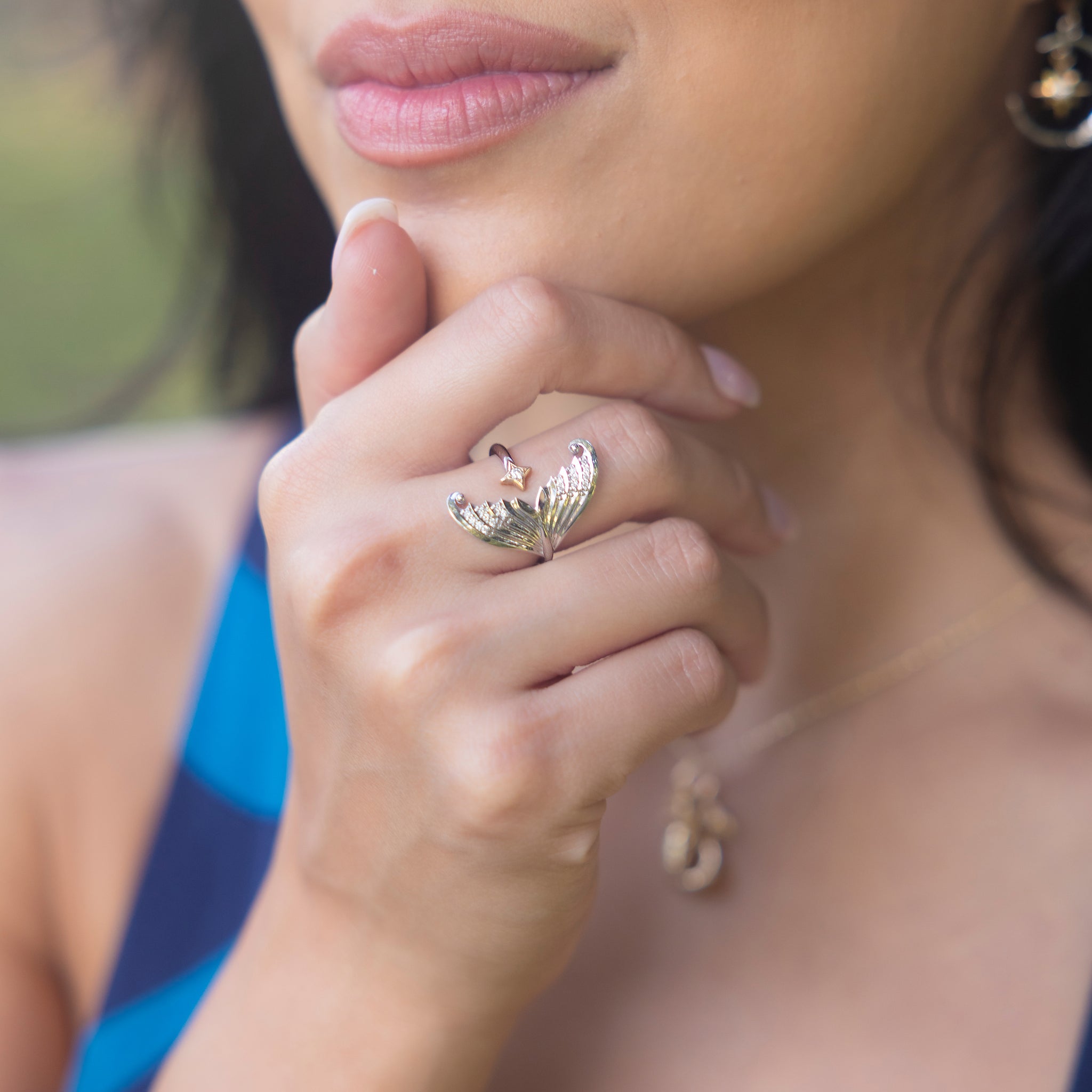 Moon Mermaid Ring in Two Tone Gold with Diamonds
