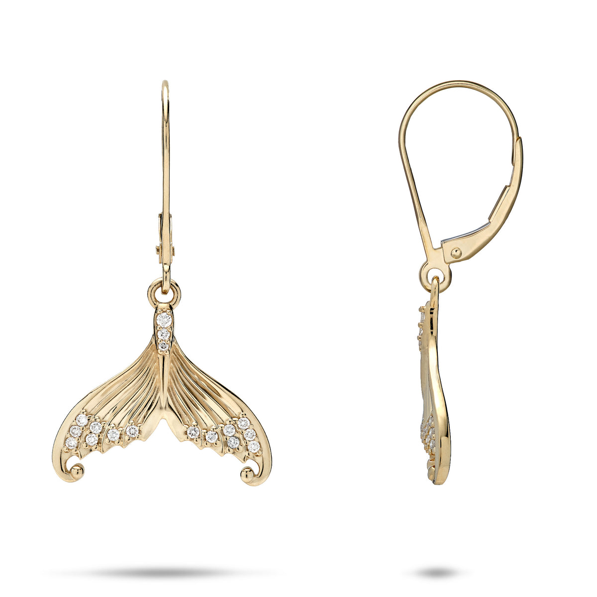 A pair of 14k yellow gold mermaid tail leverback earrings with a high-polish finish, accenting diamonds on each side of the mermaid tail, shown with a front and side profile view, against a white background