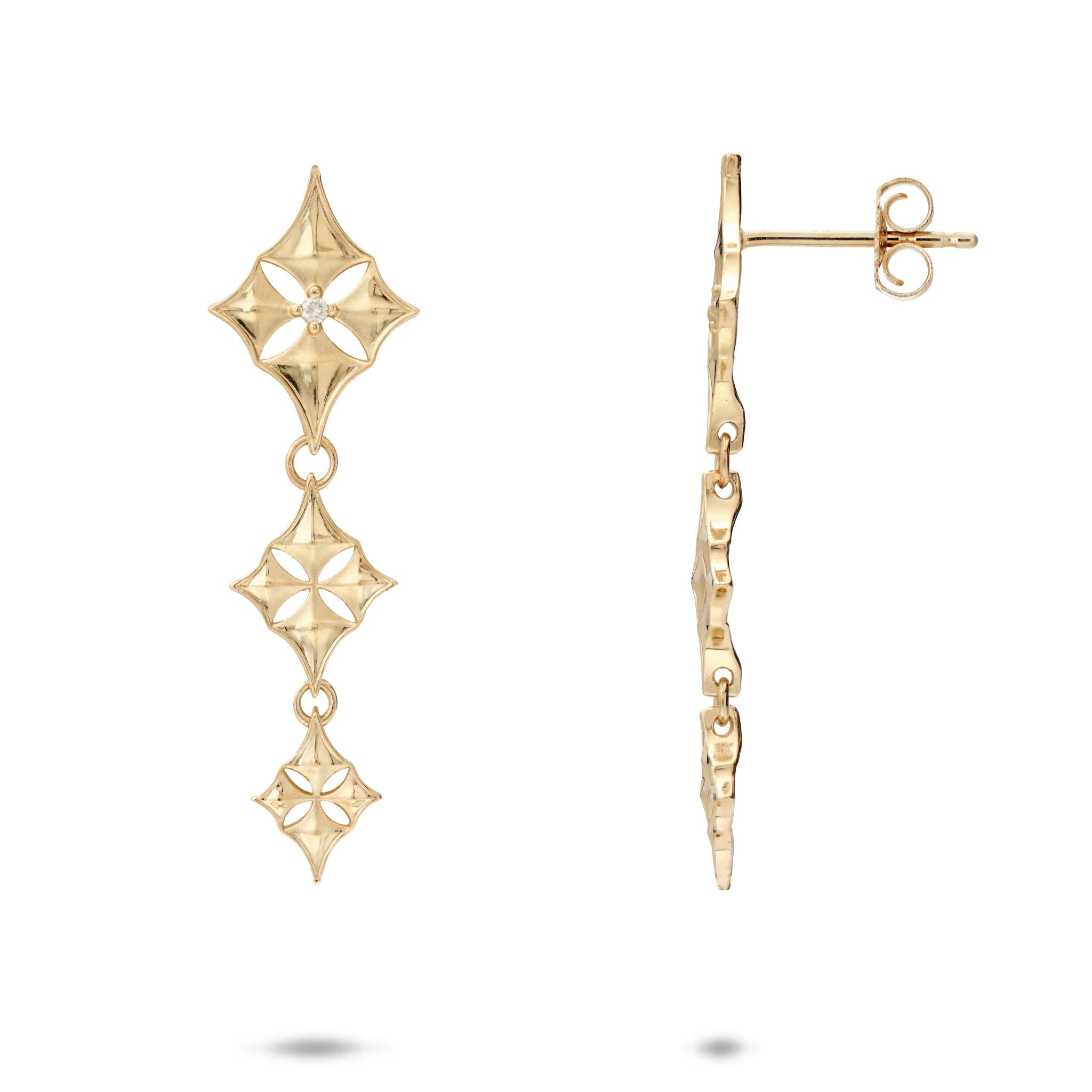 34mm Hawaiian Quilted Star Stud Dangle Earrings in 14k Yellow Gold with Diamonds on a White Background