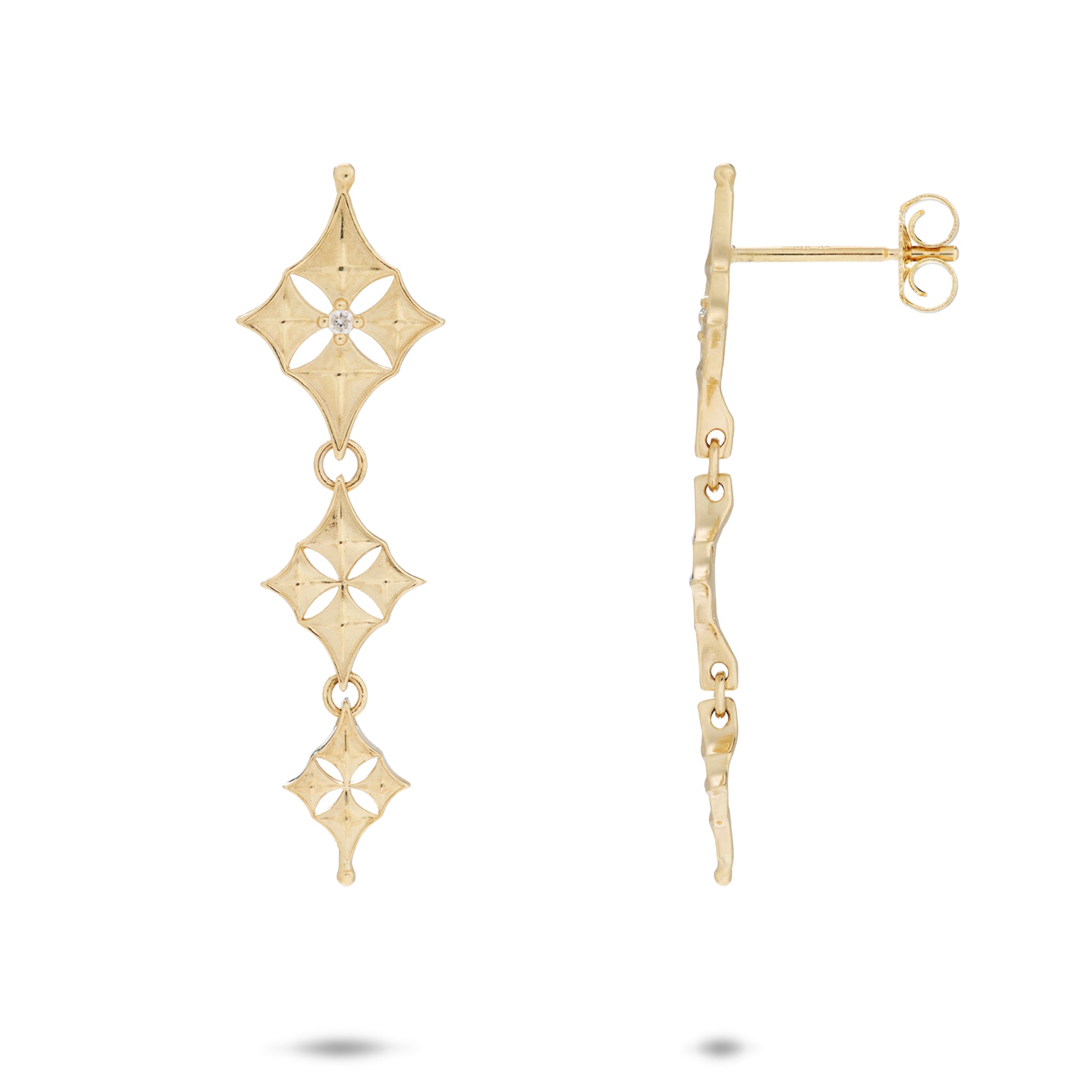Hawaiian Quilted Star Earrings in Gold with Diamonds - 34mm