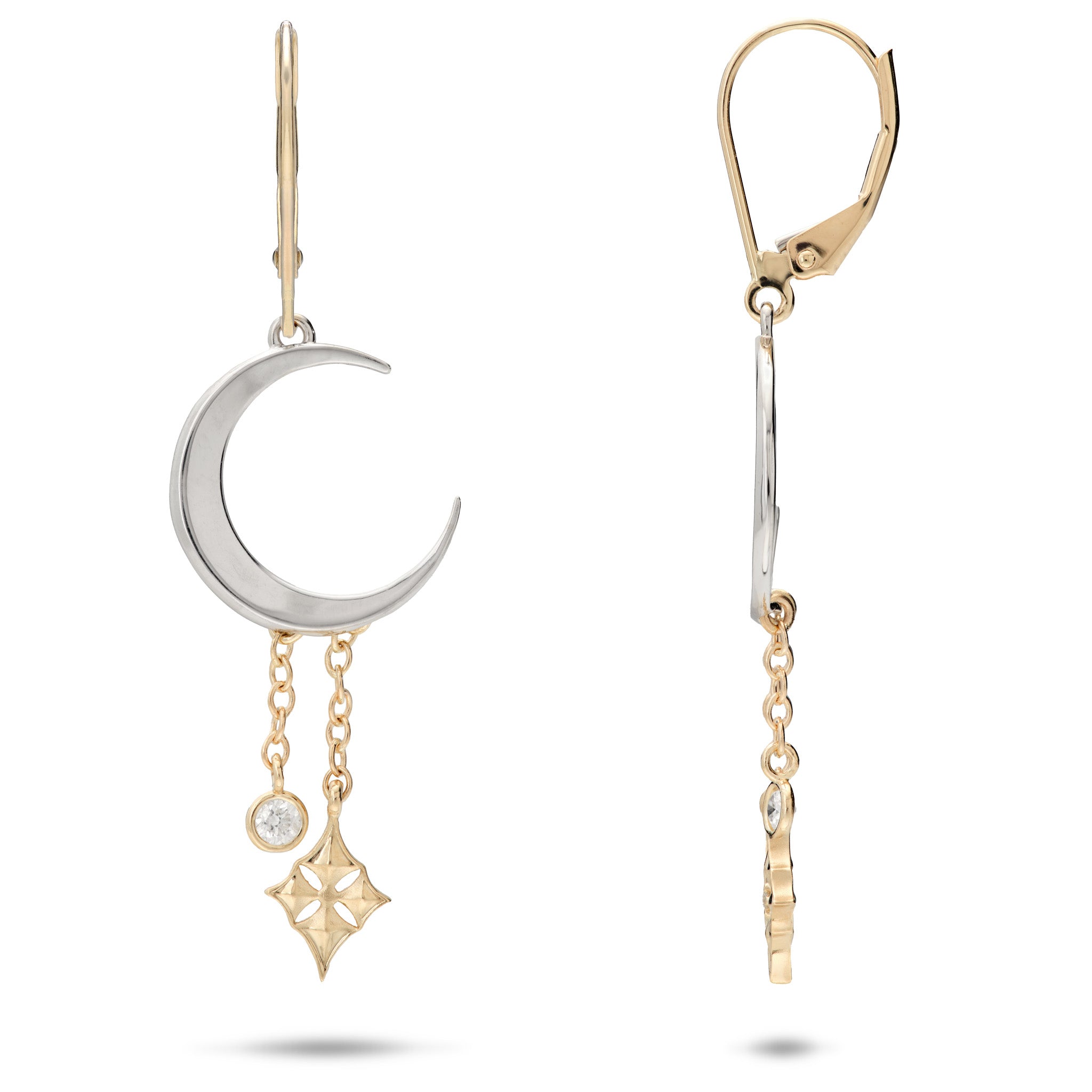 Hawaiian Quilted Star and Moon Leverback Earrings in 14k White and Yellow Gold with Diamonds on a White Background