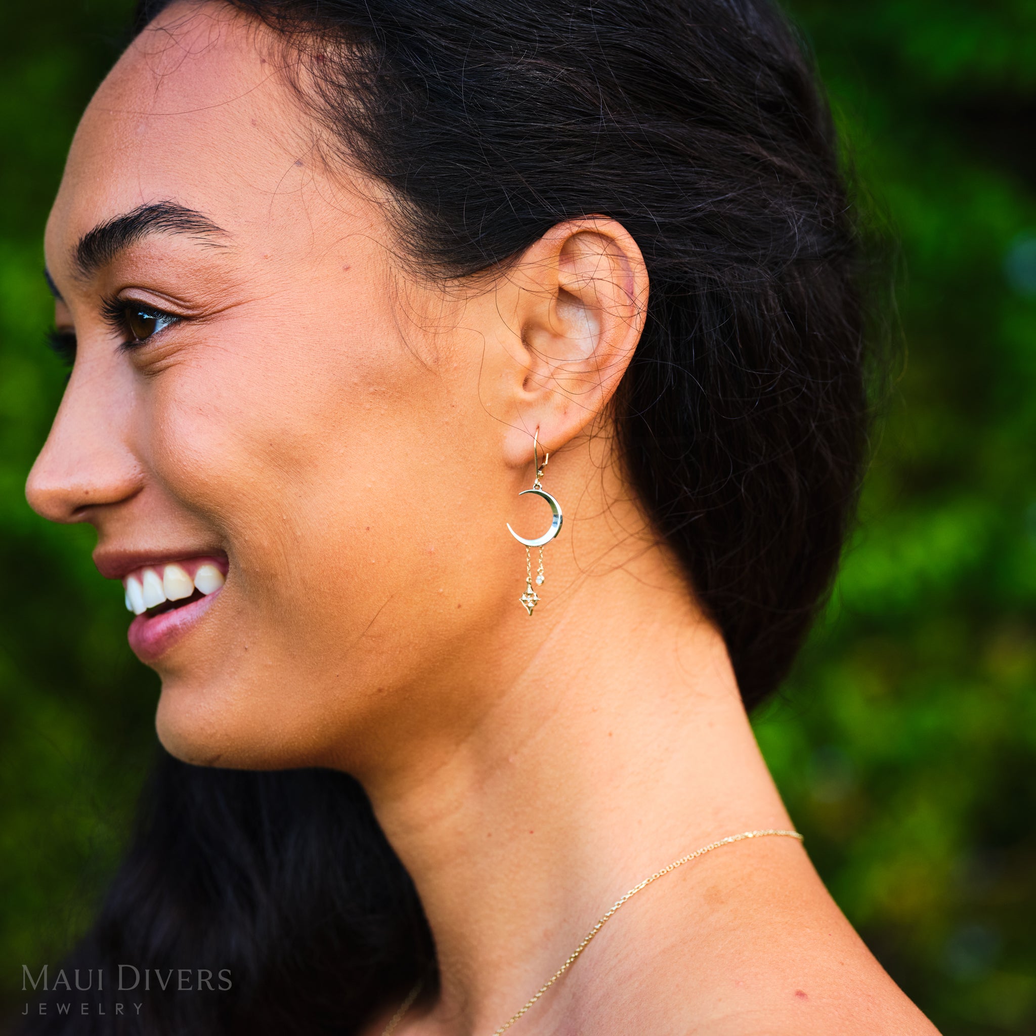 Hawaiian Quilted Star and Moon Earrings in Two Tone Gold with Diamonds - 35mm