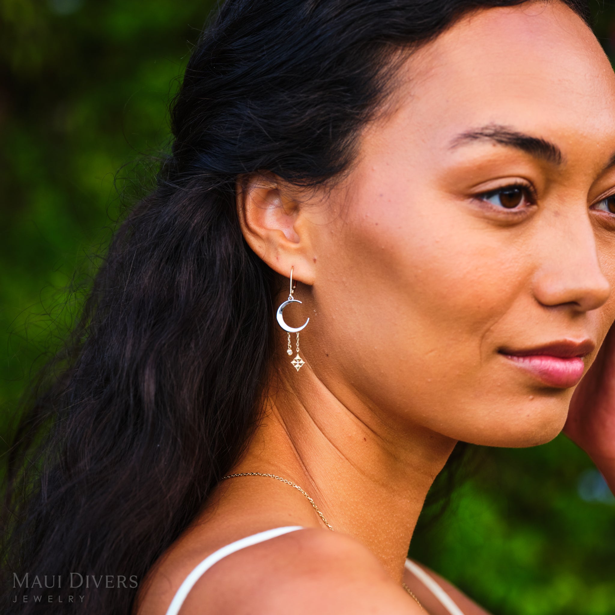 Hawaiian Quilted Star and Moon Earrings in Two Tone Gold with Diamonds - 35mm