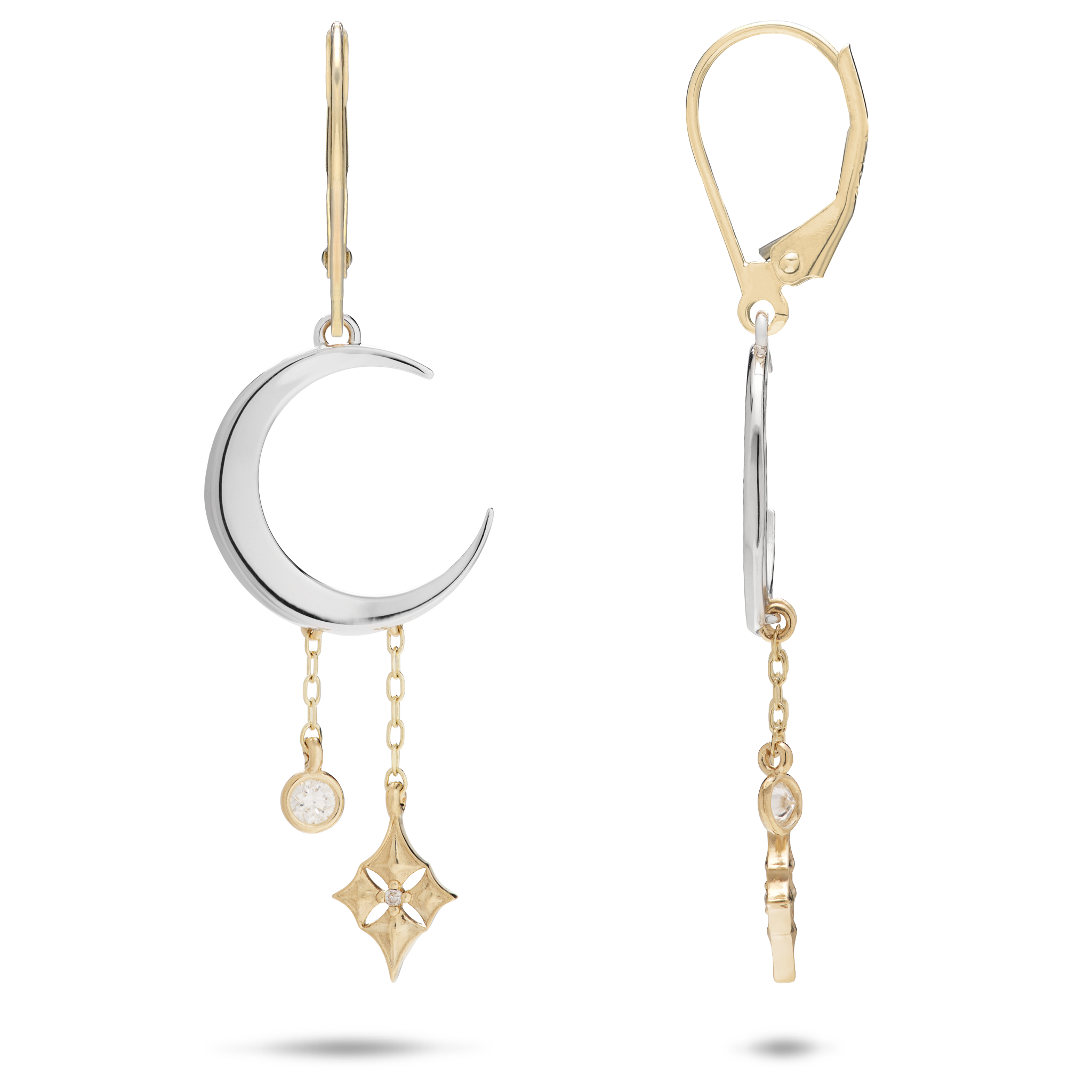 Hawaiian Quilted Star and Moon Earrings in Two Tone Gold with Diamonds - 35mm