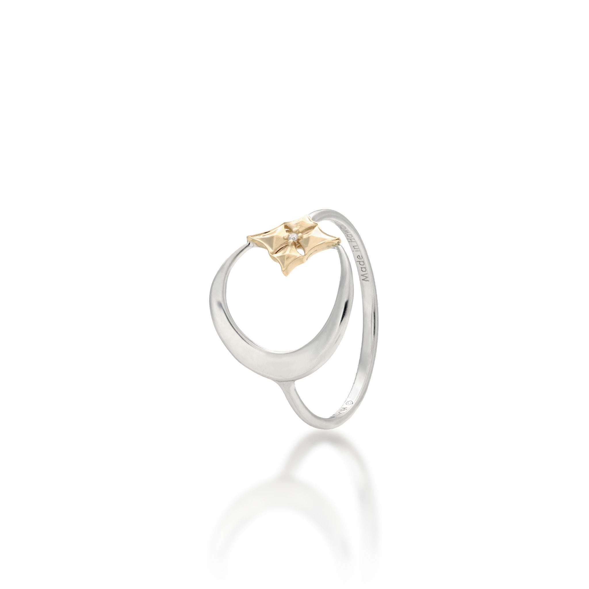 13mm Hawaiian Quilted Star and Moon Ring in 14k White and Yellow Gold with Diamond on a White Background