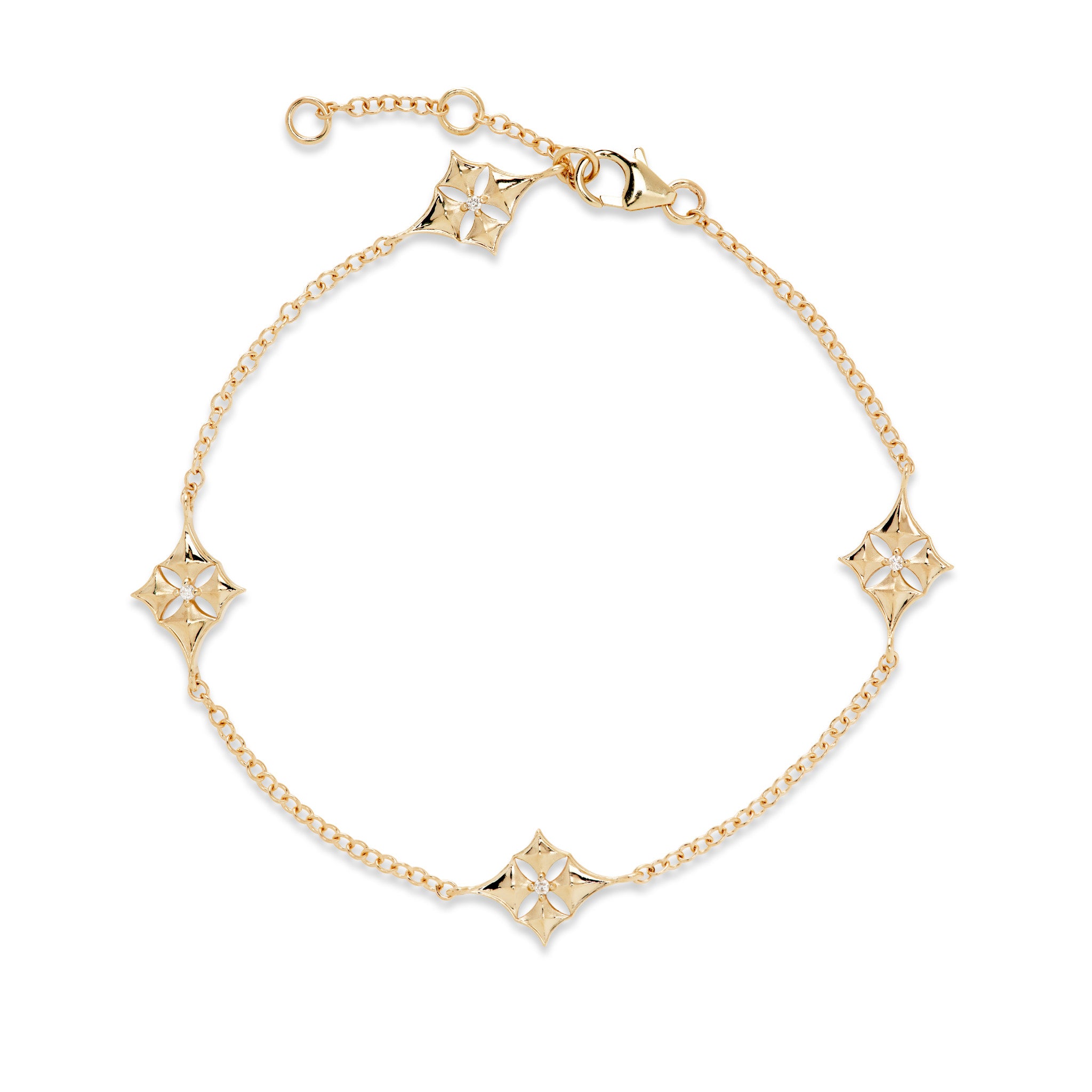 Top view of the 7-8" Adjustable Hawaiian Quilted Star Bracelet in 14k Yellow Gold with Diamonds