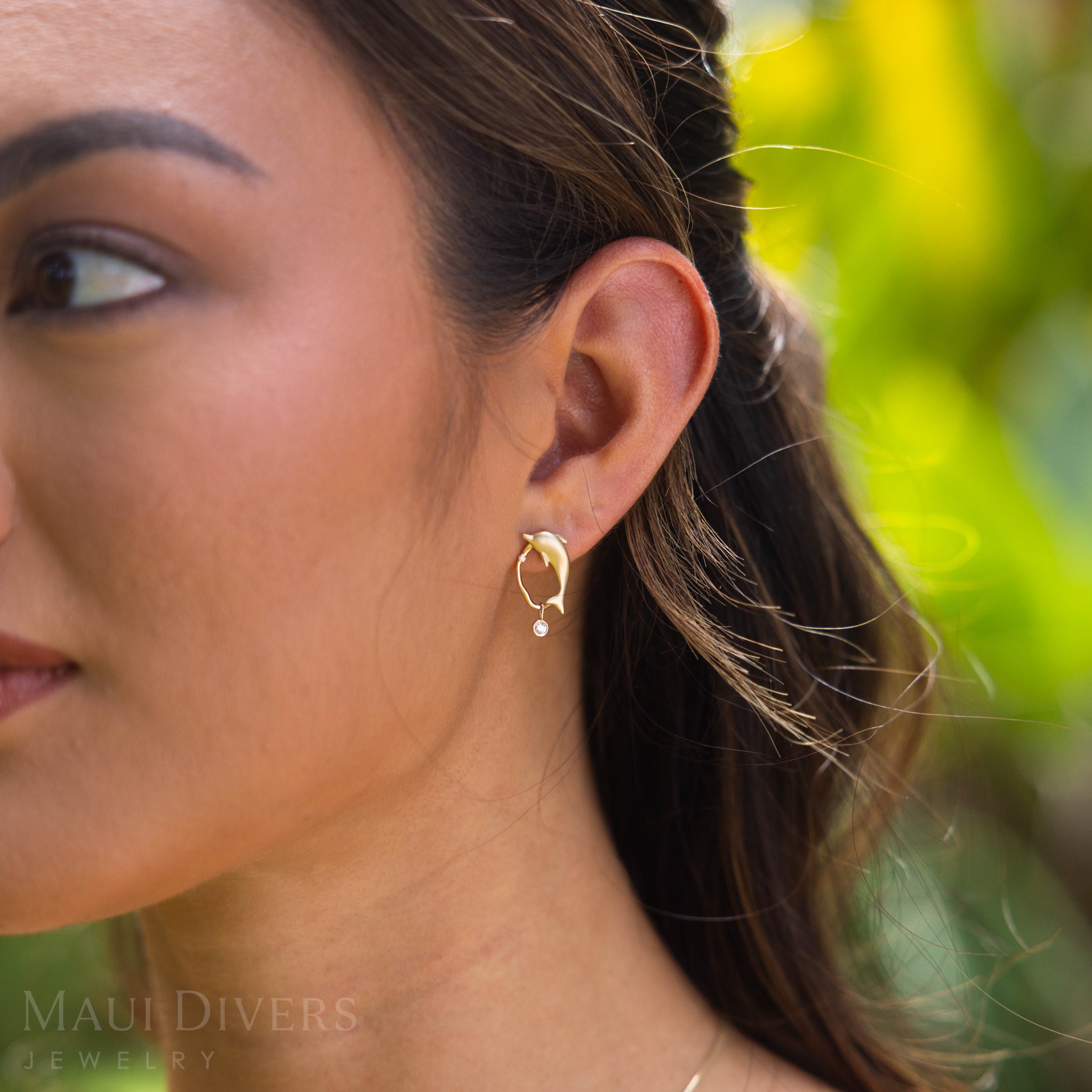 Bubble Dolphin Earrings in Gold with Diamonds - 20mm