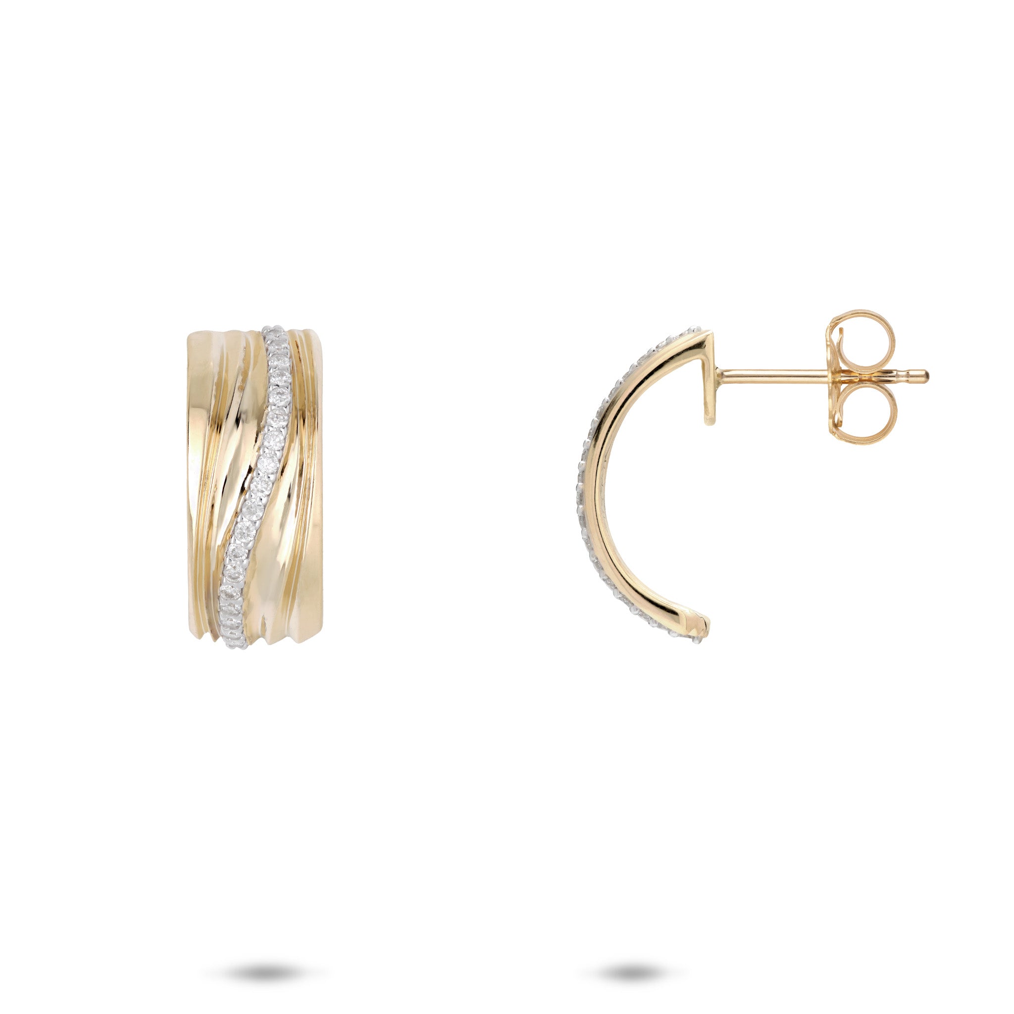 16mm Ocean Sand Half-Hoop Post Earrings in 14k Yellow Gold with Diamonds on a white background