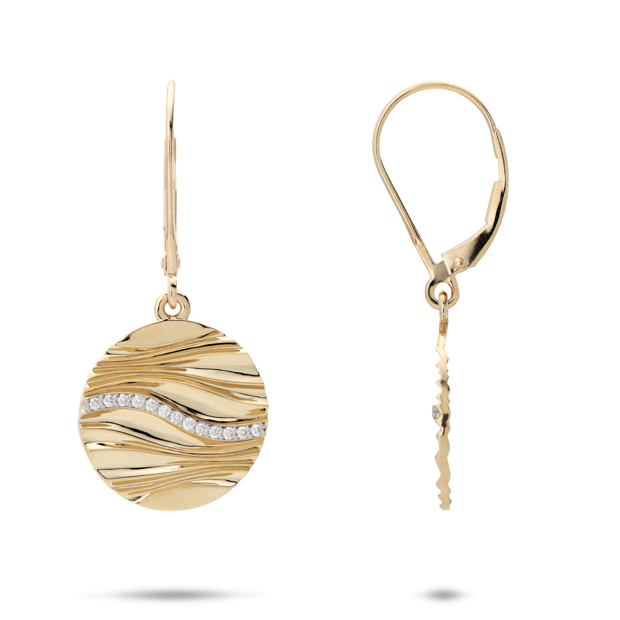16mm Ocean Sand Round Leverback Earrings in 14k Yellow Gold with Diamonds on a white background