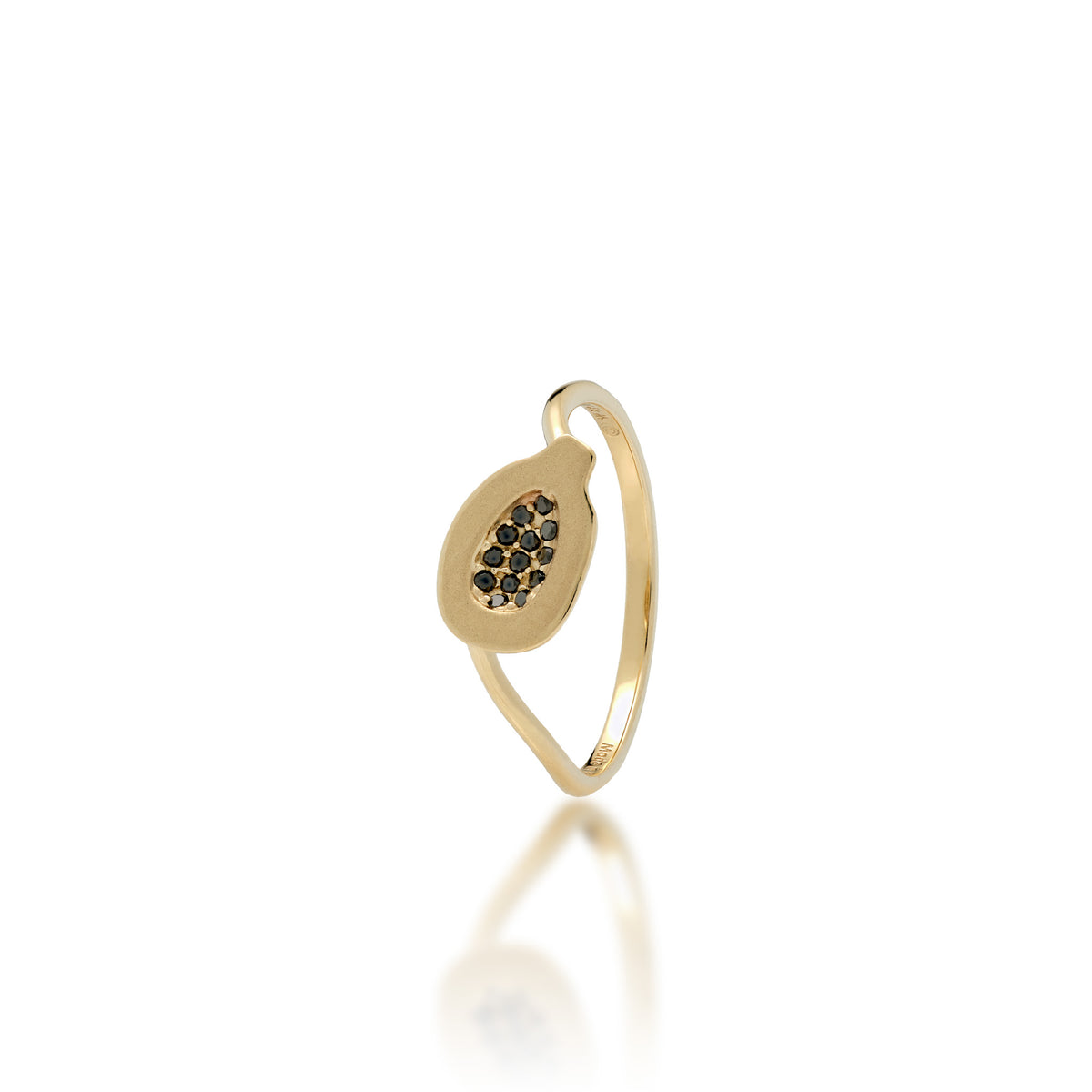 Cute Fruits Collection Papaya Black Diamond Ring in 14k yellow gold with a satin-finish and high-polish edges and band on a white background