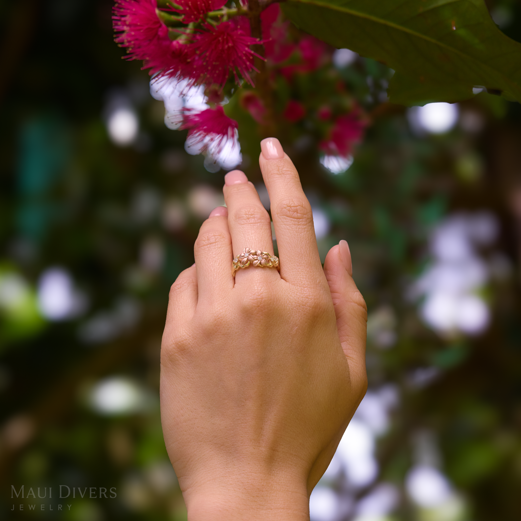 Plumeria Ring in Two Tone Gold with Diamonds - 10mm