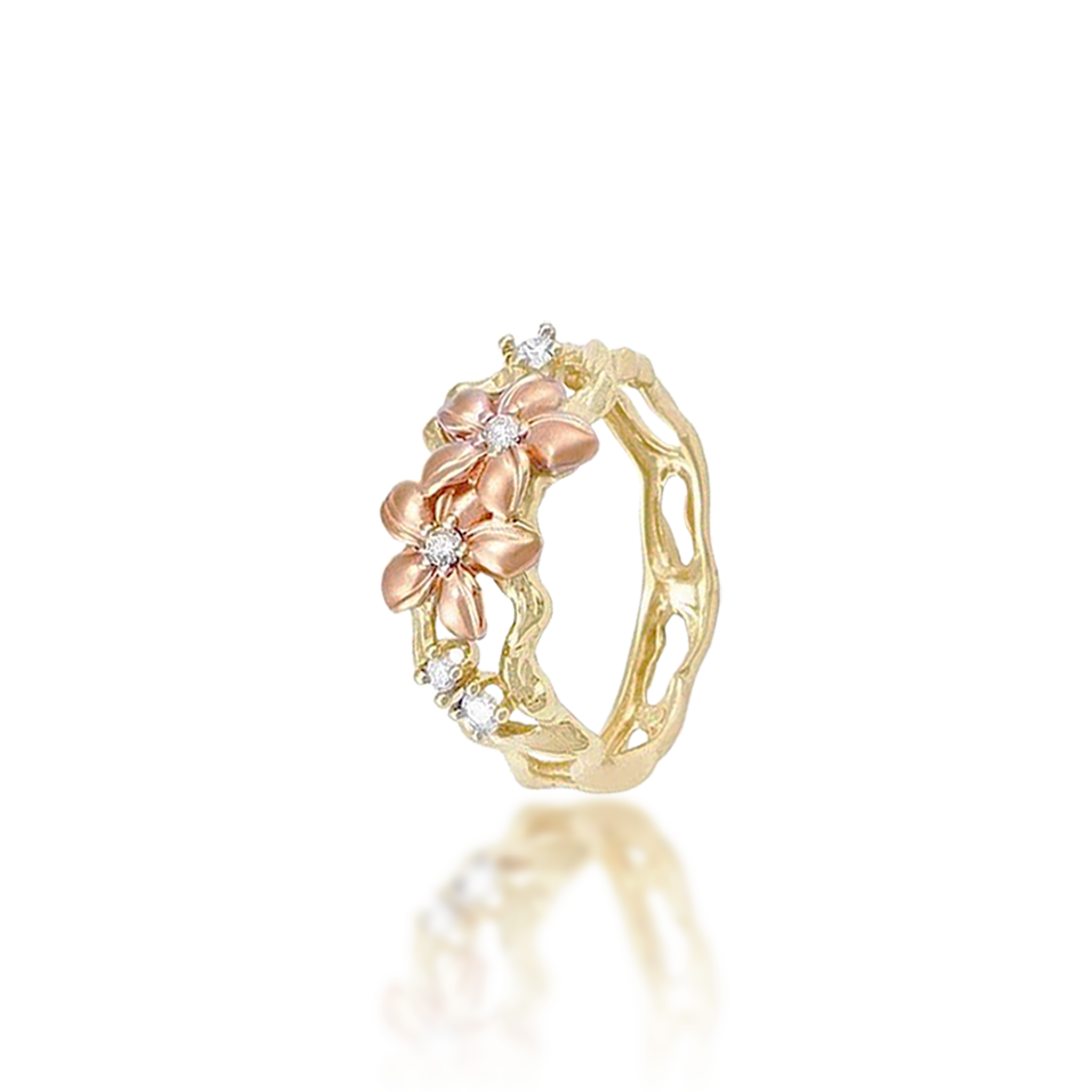 Plumeria Ring in Two Tone Gold with Diamonds - 10mm