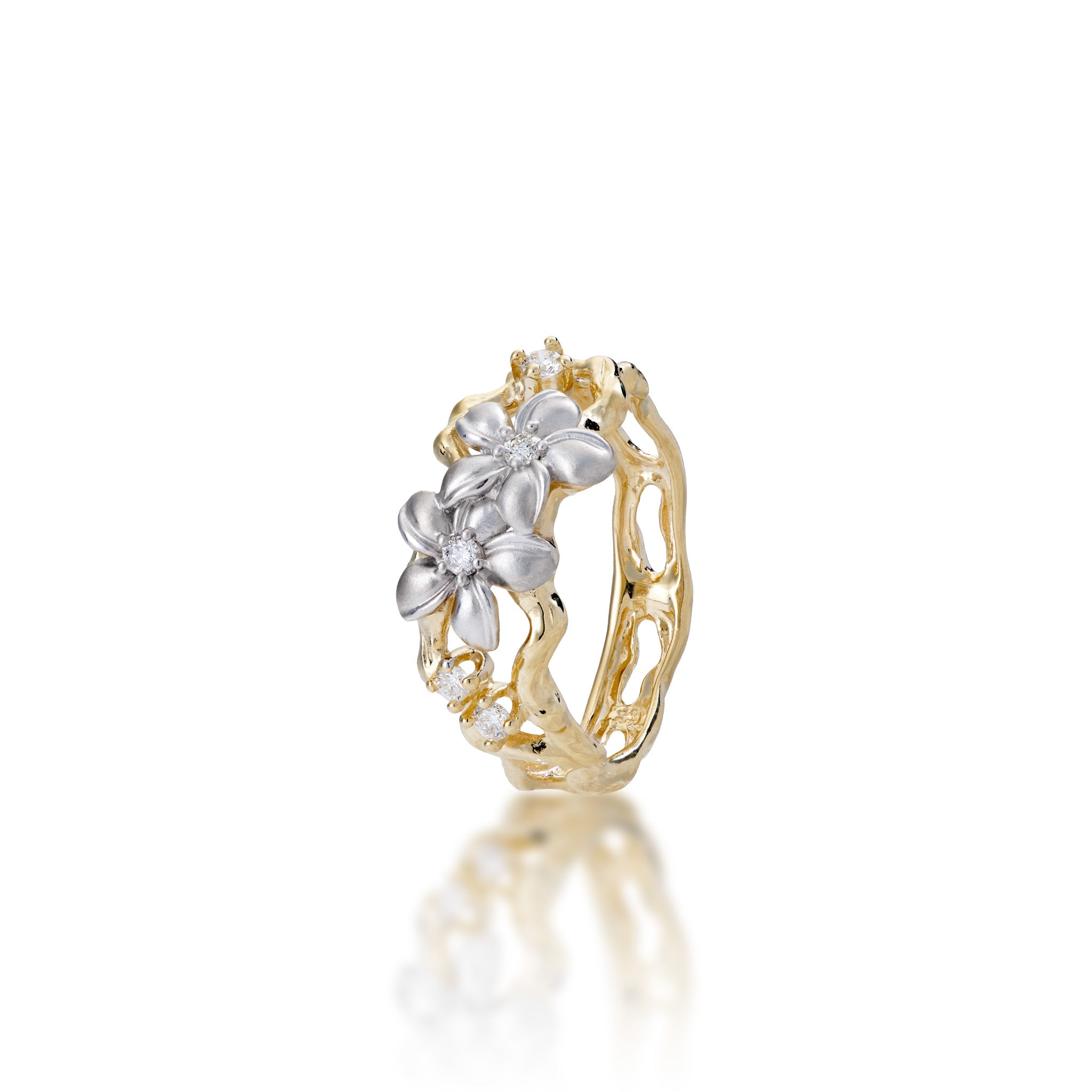 Plumeria Ring in Two Tone Gold with Diamonds - 10mm