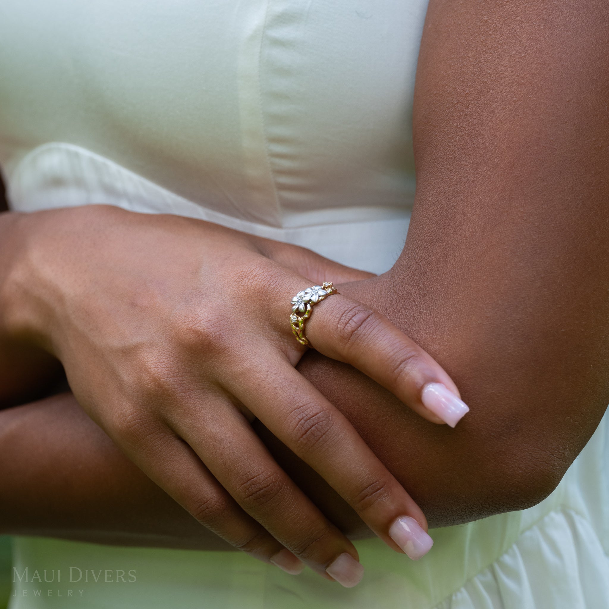 Plumeria Ring in Two Tone Gold with Diamonds - 10mm