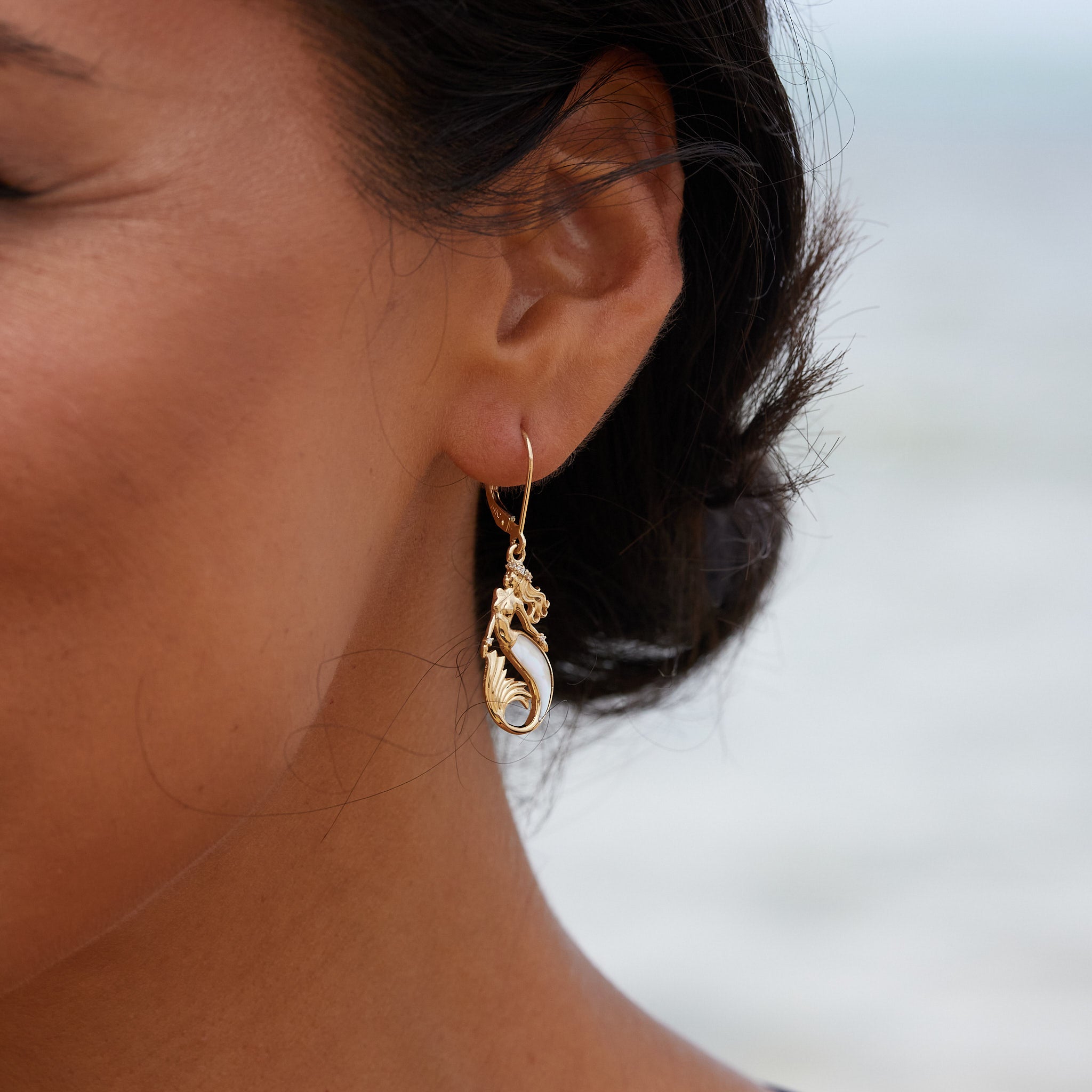 Sealife Mermaid Mother of Pearl Earrings in Gold with Diamonds - 24mm