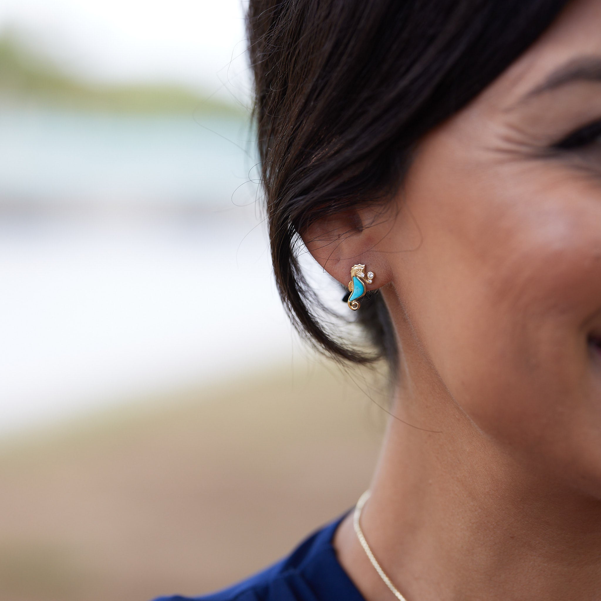 Sealife Seahorse Turquoise Earrings in Gold with Diamonds - 15mm