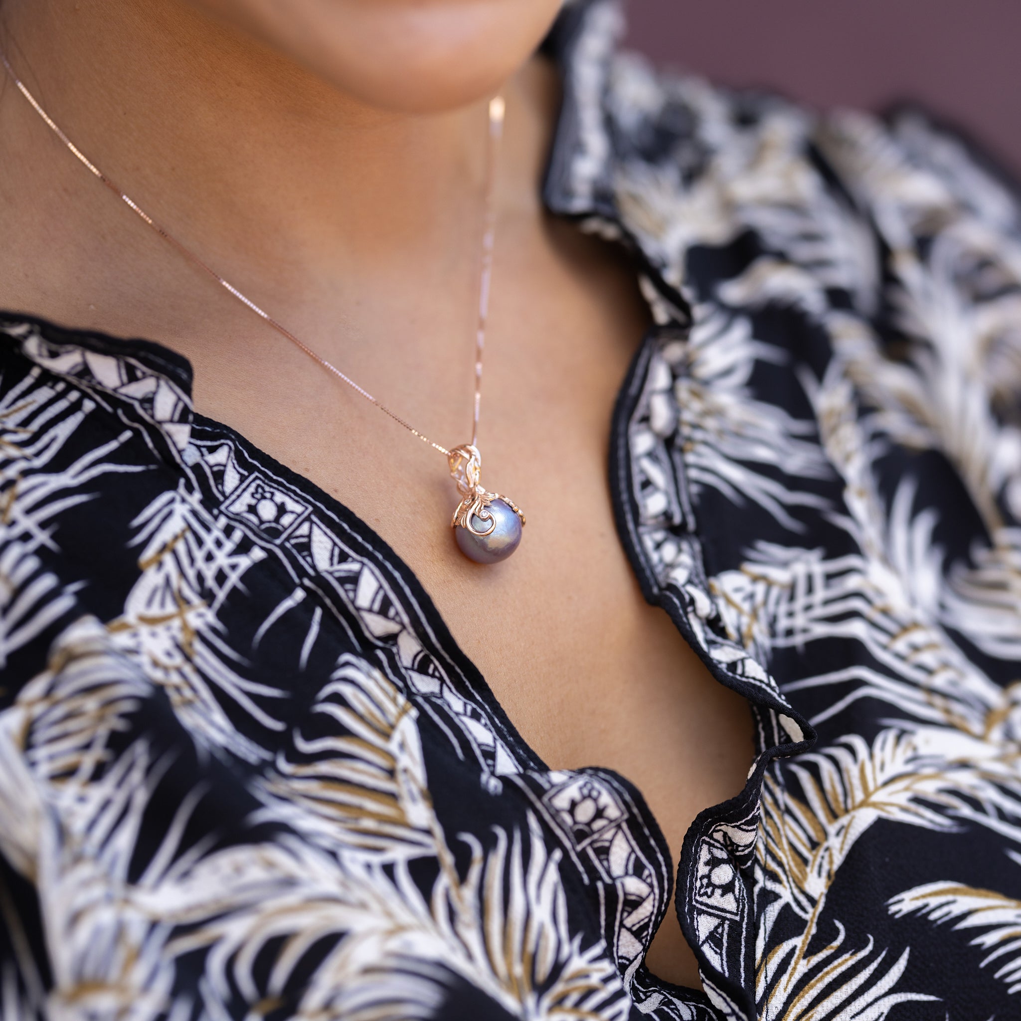 Living Heirloom Ultraviolet Freshwater Pearl Pendant in Rose Gold with Diamonds - 12-13mm