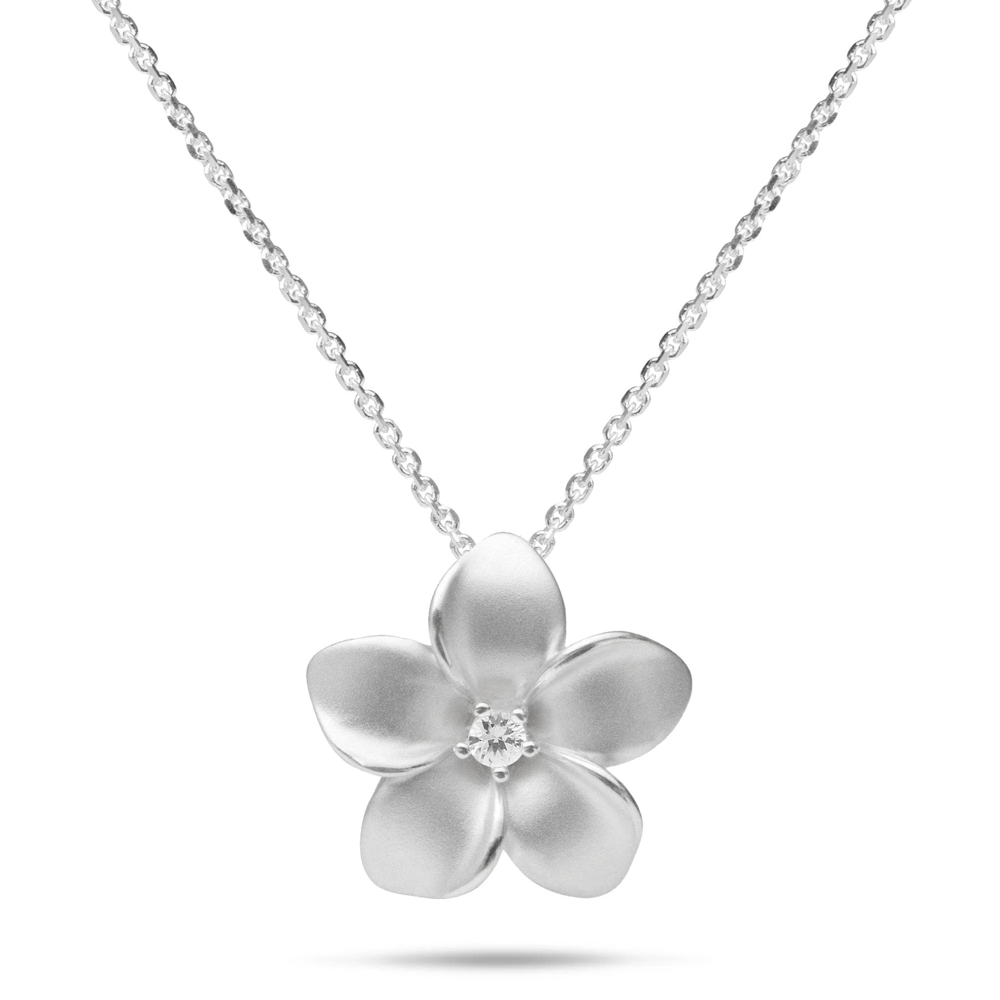 24" Adjustable Plumeria White Sapphire Necklace in Sterling Silver - 20mm