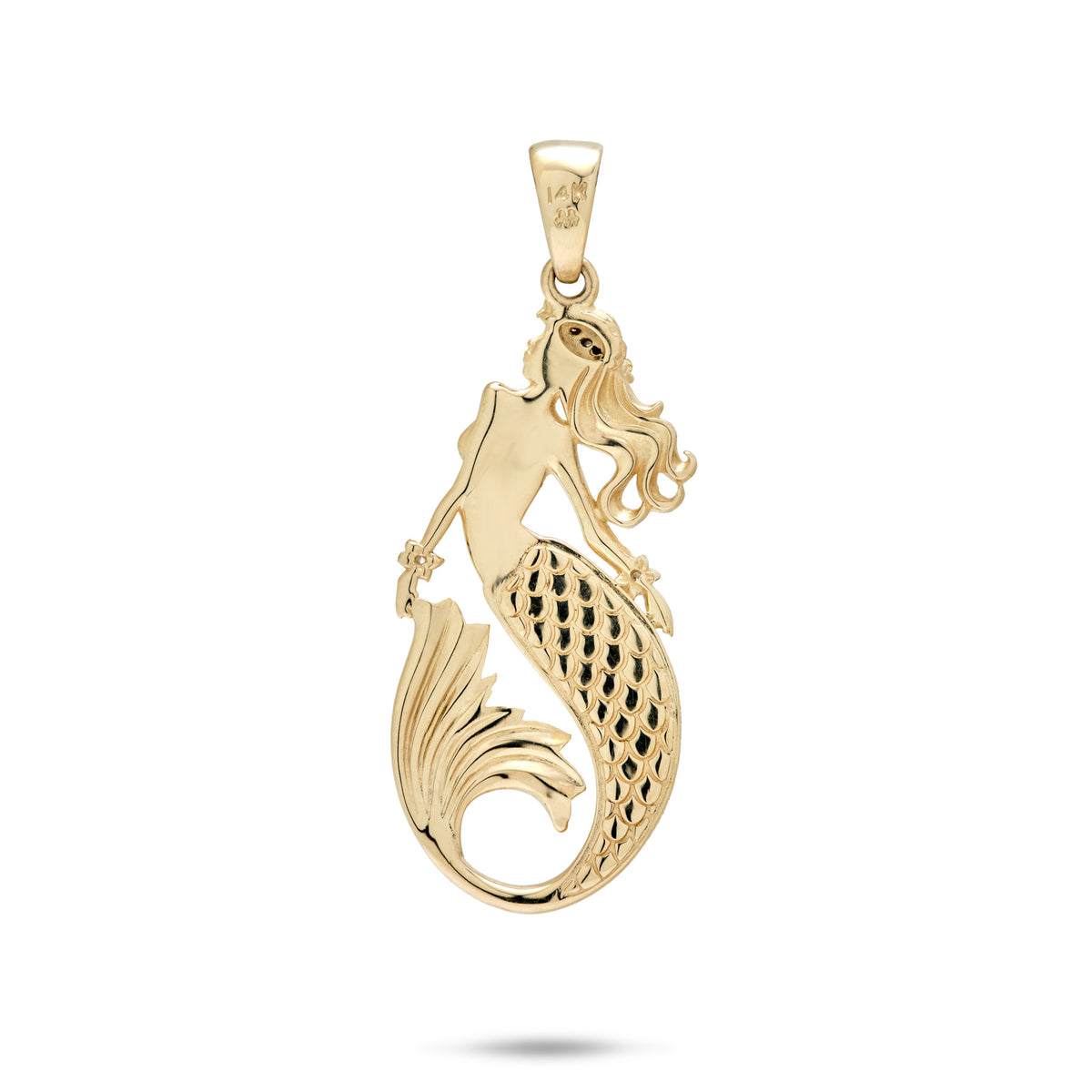 Back side view of a 14k yellow gold mermaid pendant with a mermaid scale design along the tail, shown on a white background