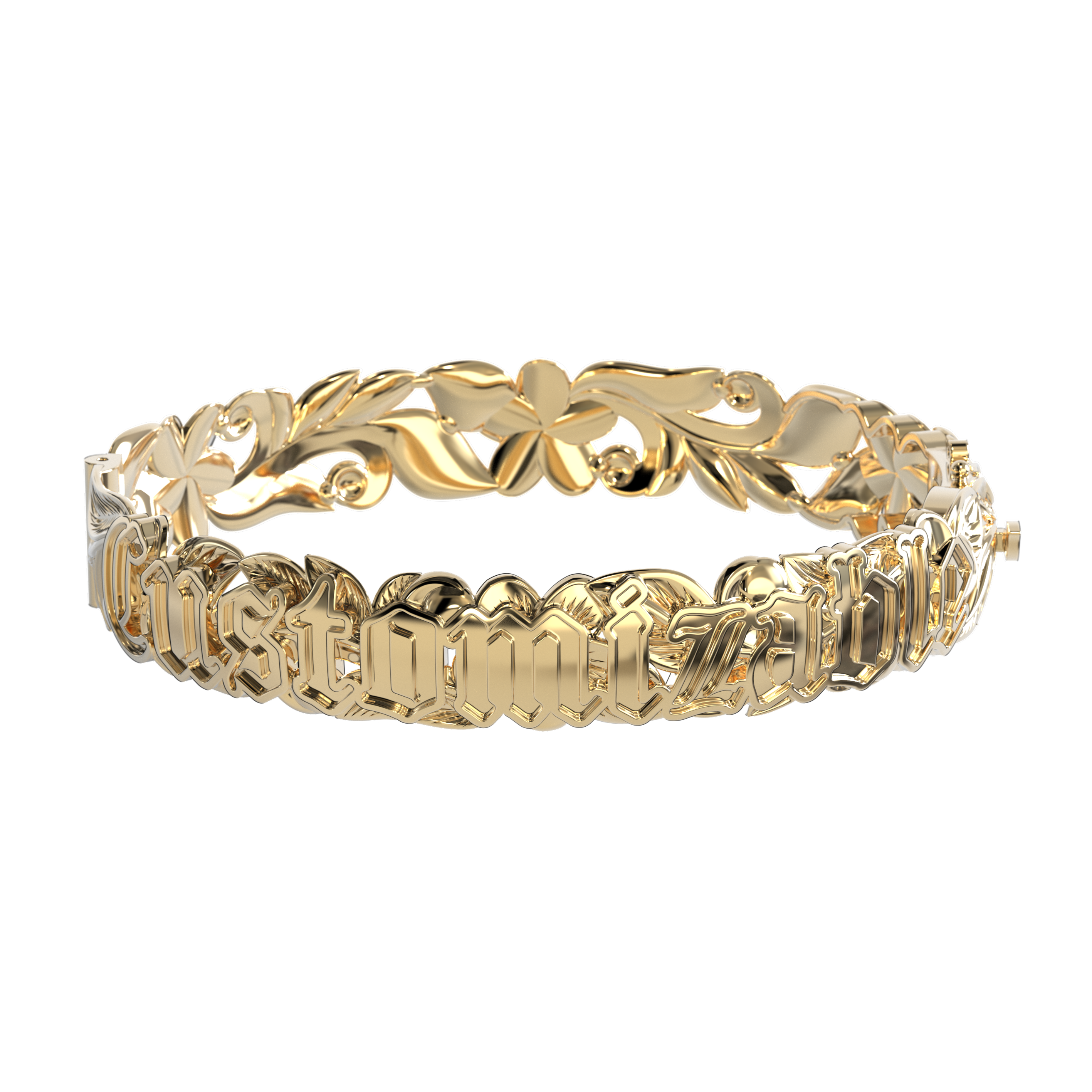 12mm Customizable Hawaiian Hinge Bracelet with Raised Letters in Gold